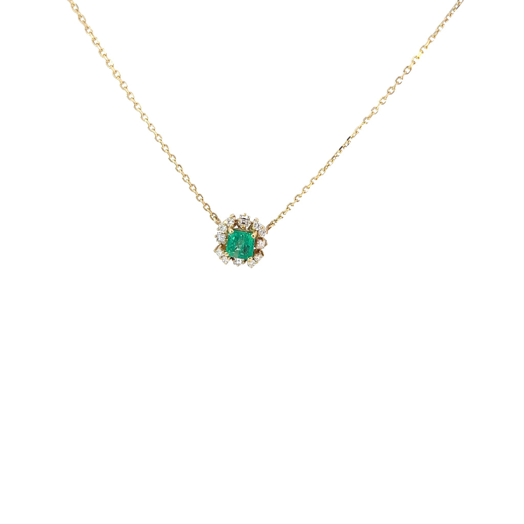 18k Yellow Gold  .75CT COLOMBIAN EMERALD PRINCESS CUT /.20CT PRINCESS CUT AND .20CT ROUND DIAMOND FVS2 PENDANT