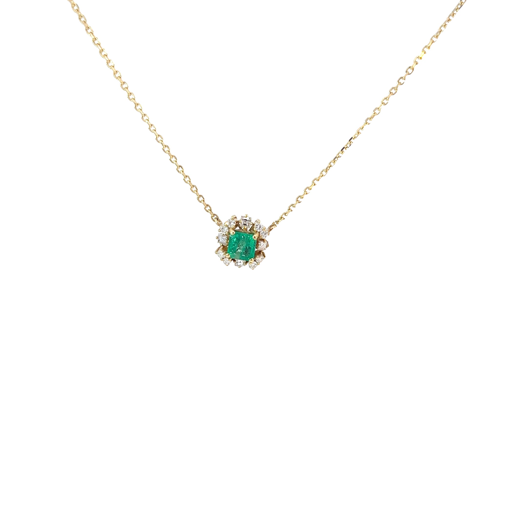 18k Yellow Gold  .75CT COLOMBIAN EMERALD PRINCESS CUT /.20CT PRINCESS CUT AND .20CT ROUND DIAMOND FVS2 PENDANT