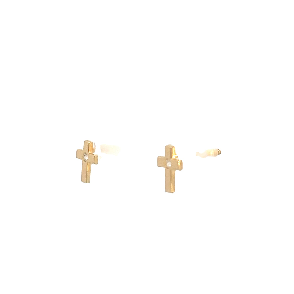 14k Yellow Gold 0.4 gram with Round Cubic Zirconium Cross Stud Baby Earrings