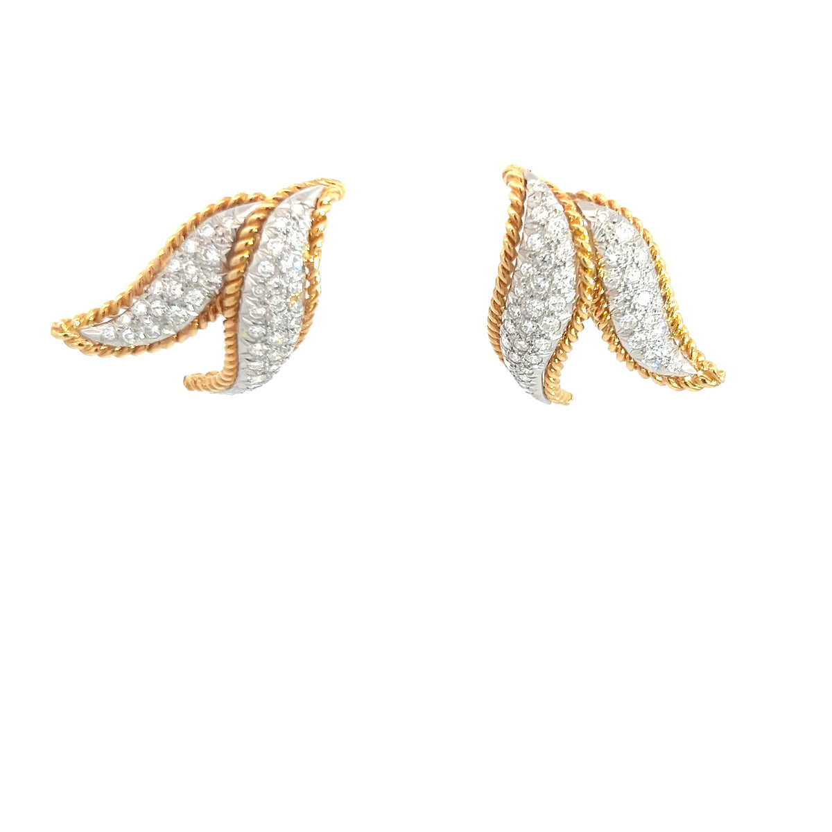 18k and Platinum 2ct F VS2 Round Diamond Vintage Leaf Earrings