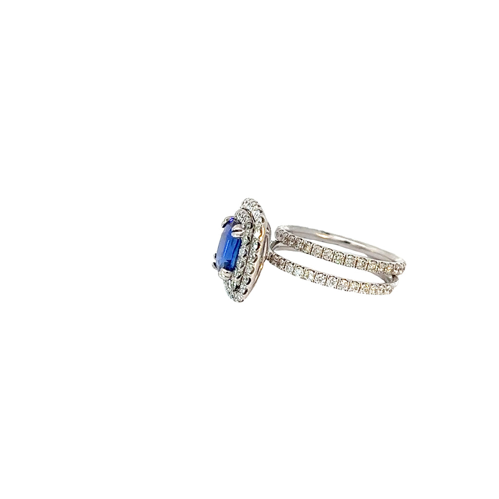 Platinum 1.86ct Cushion Natural Blue Sapphire and Surround by the Halo 1.56ct F VS1 Round Diamond Ring. Certified by GIA #2193349535
