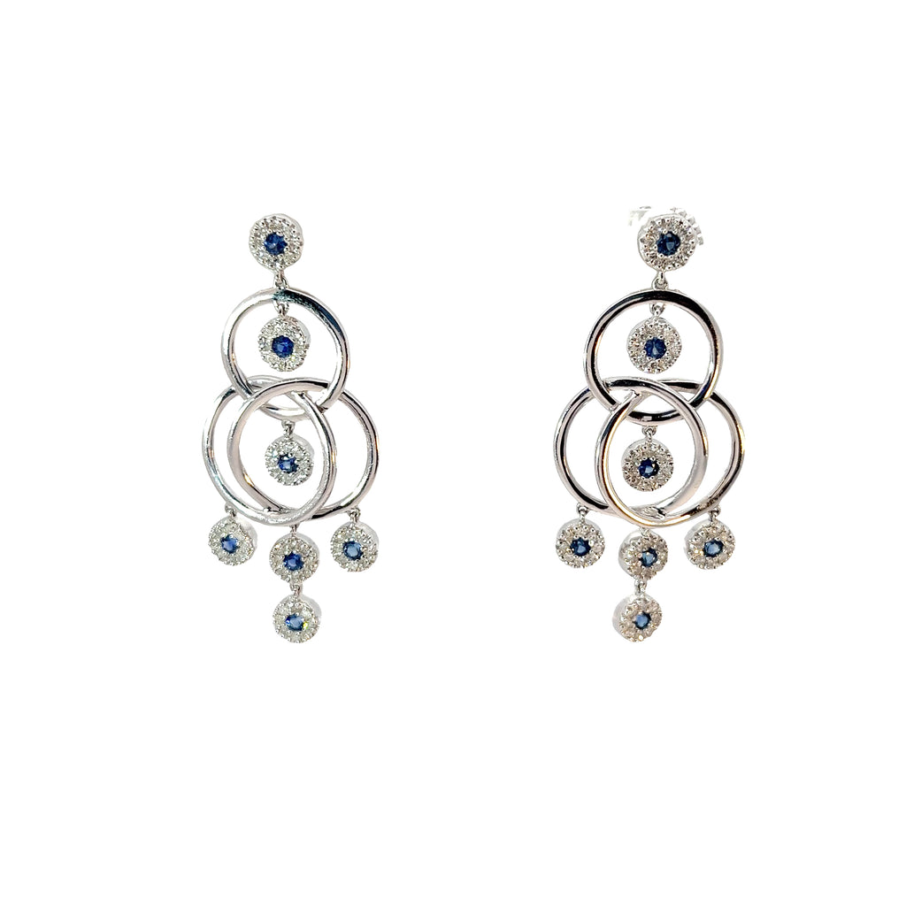 14k White Gold 1.00ct G SI1 Round Diamond and 1.00ct  Round Blue Sapphire Dangle Bubble 1.75 inch Long/ .75 inch Wide 8.2 Gram