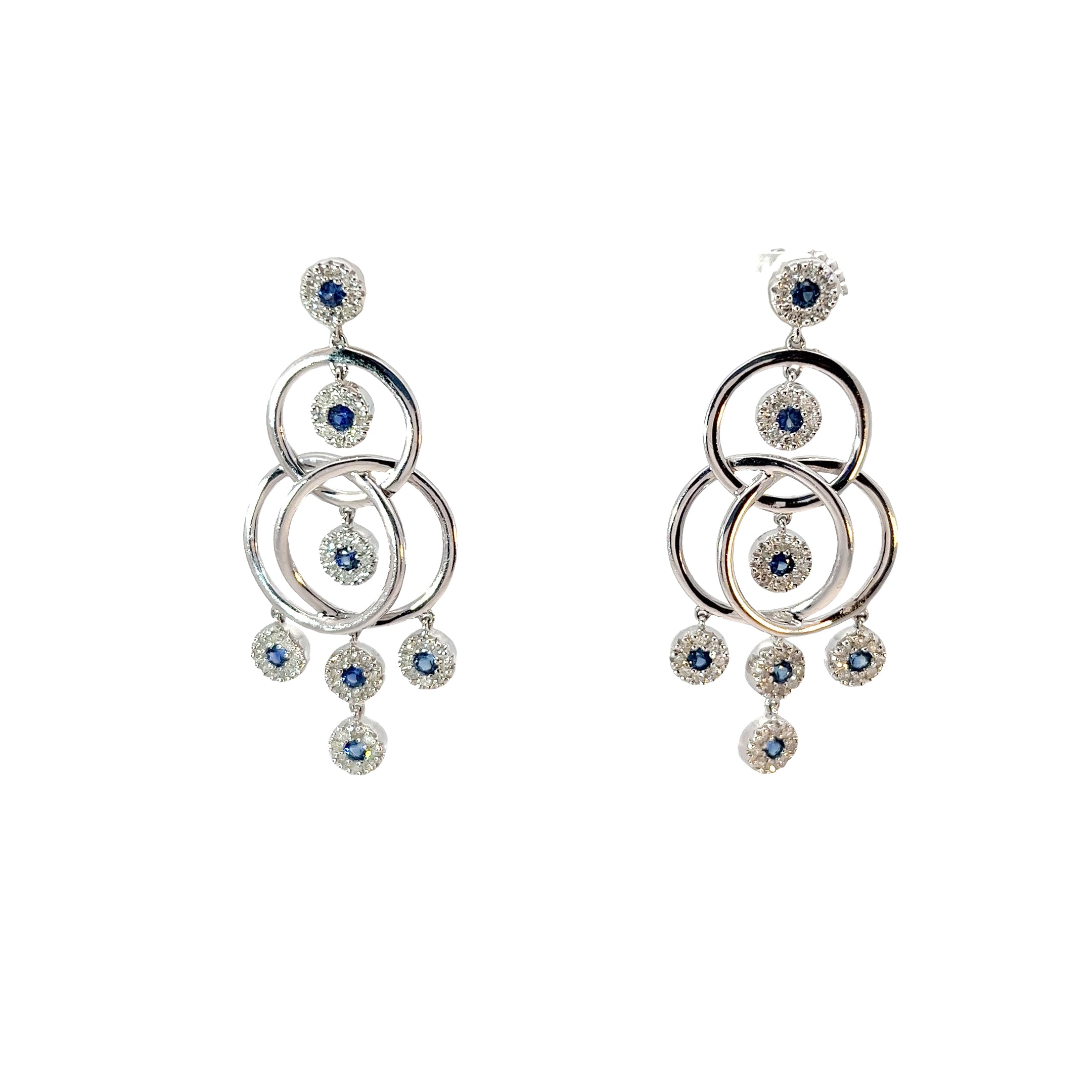 14k White Gold 1.00ct G SI1 Round Diamond and 1.00ct  Round Blue Sapphire Dangle Bubble 1.75 inch Long/ .75 inch Wide 8.2 Gram