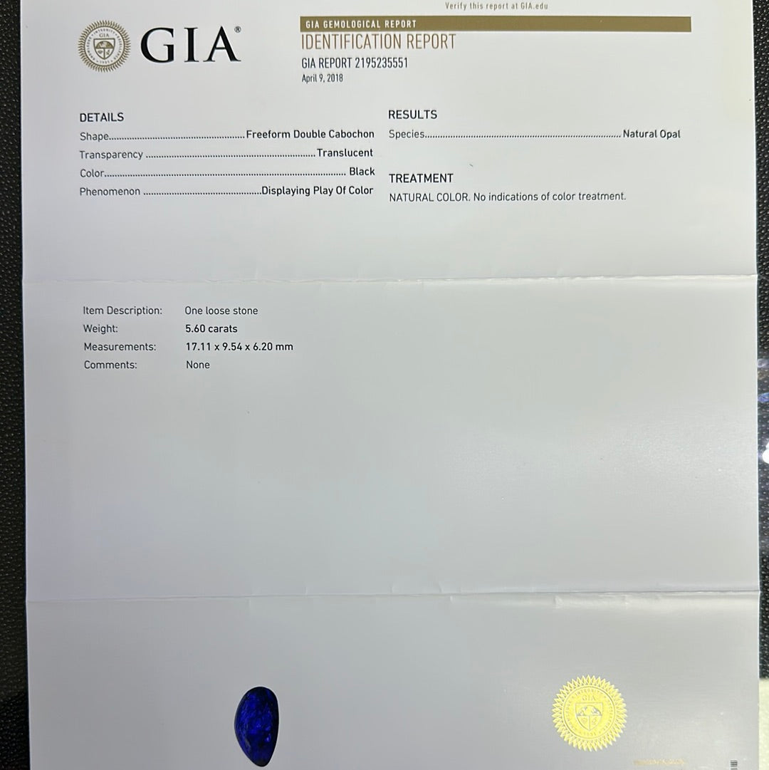 5.60CT BLACK OPAL FREEFORM DOUBLE CABOCHON GIA