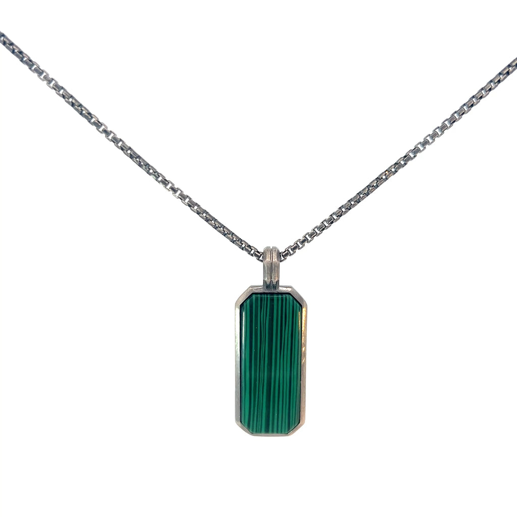 Sterling Silver 17.5 gram Necklace / Dog Tag Green Malachite Pendant