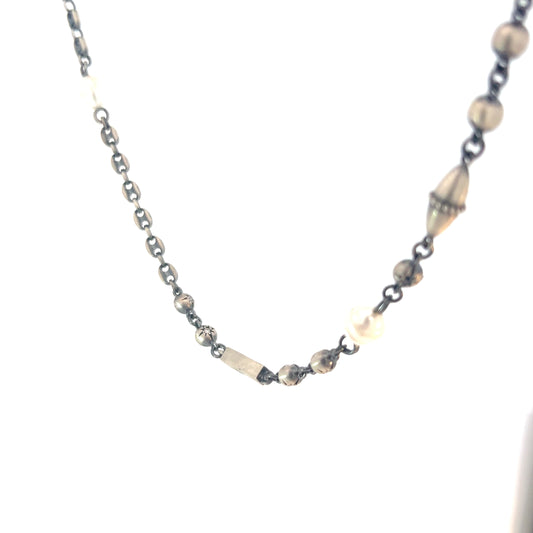 Sterling Silver 42.30 gram Pearl, Black Onyx, and Cubic Zirconia Beaded Necklace