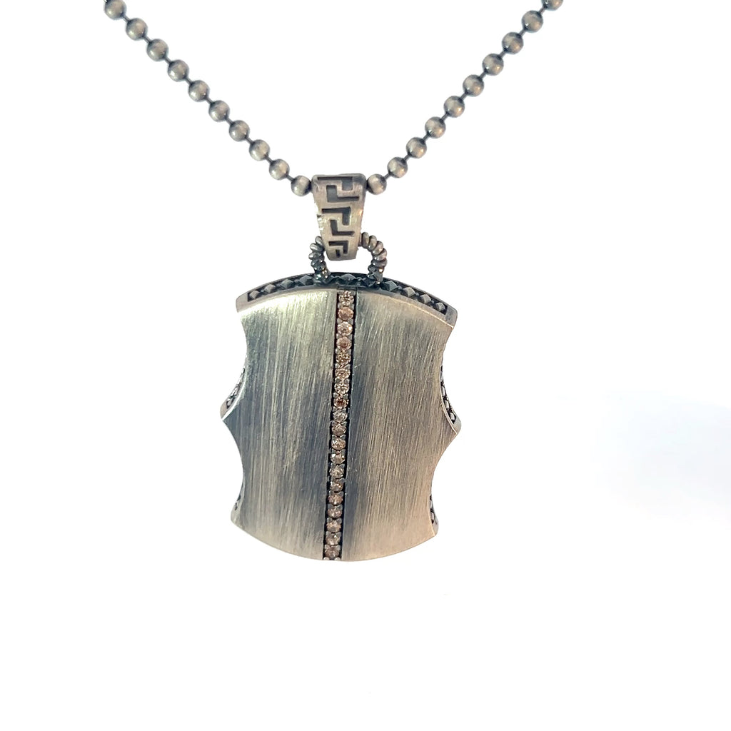 Sterling Silver 18.7 gram Beaded Necklace  / Warrior Shied Pedant with Chocolate Zirconium Stone
