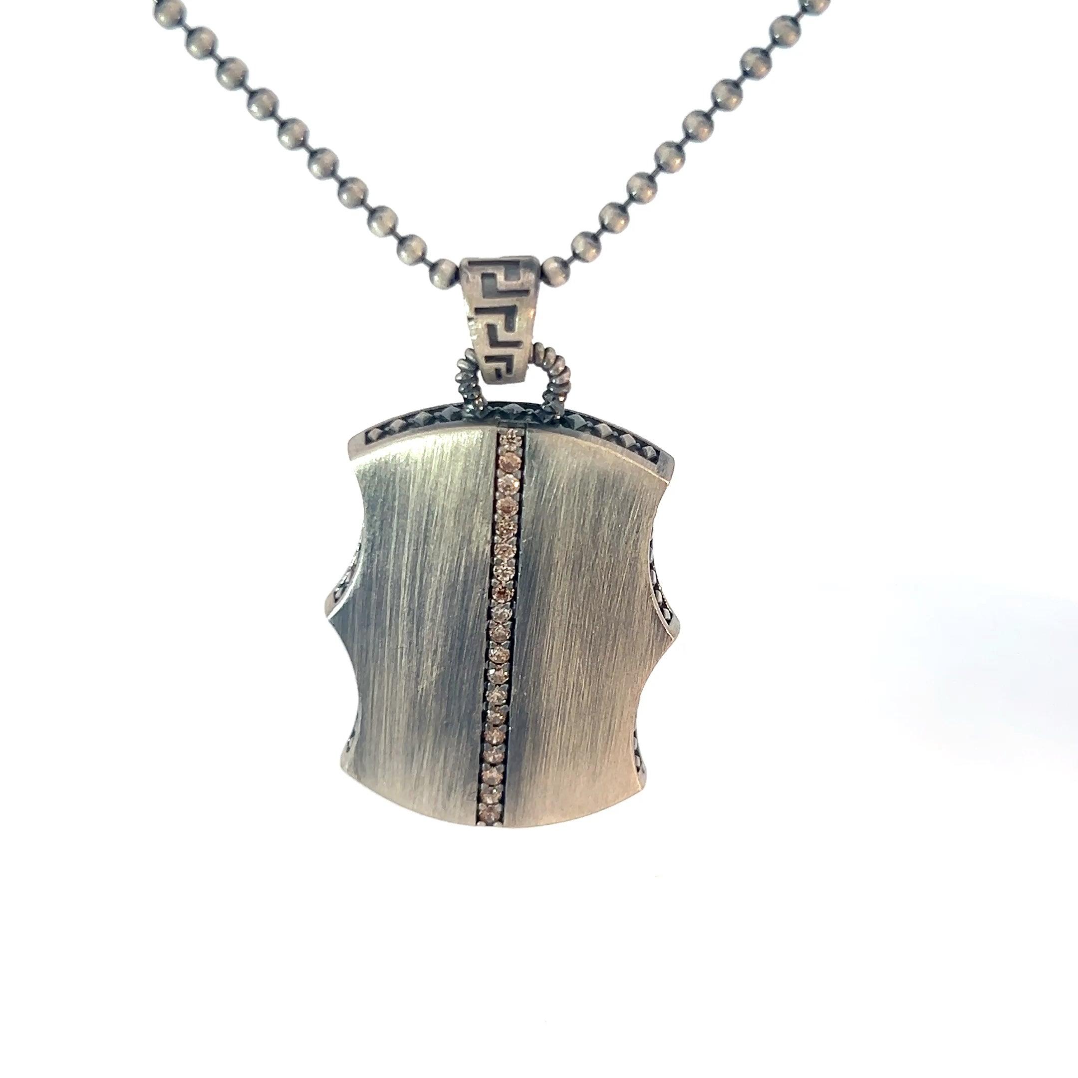 Sterling Silver 18.7 gram Beaded Necklace  / Warrior Shied Pedant with Chocolate Zirconium Stone
