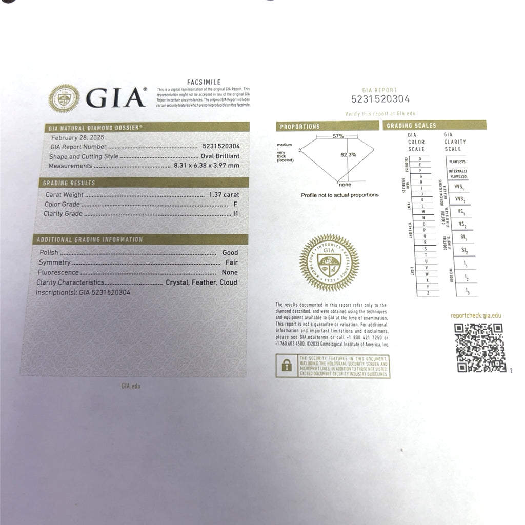 14k Rose Gold 1.37ct F I1 Oval Center Diamond/ .38ct G VS2 Round Diamond  Engagement Ring Certified By GIA # 5231520304