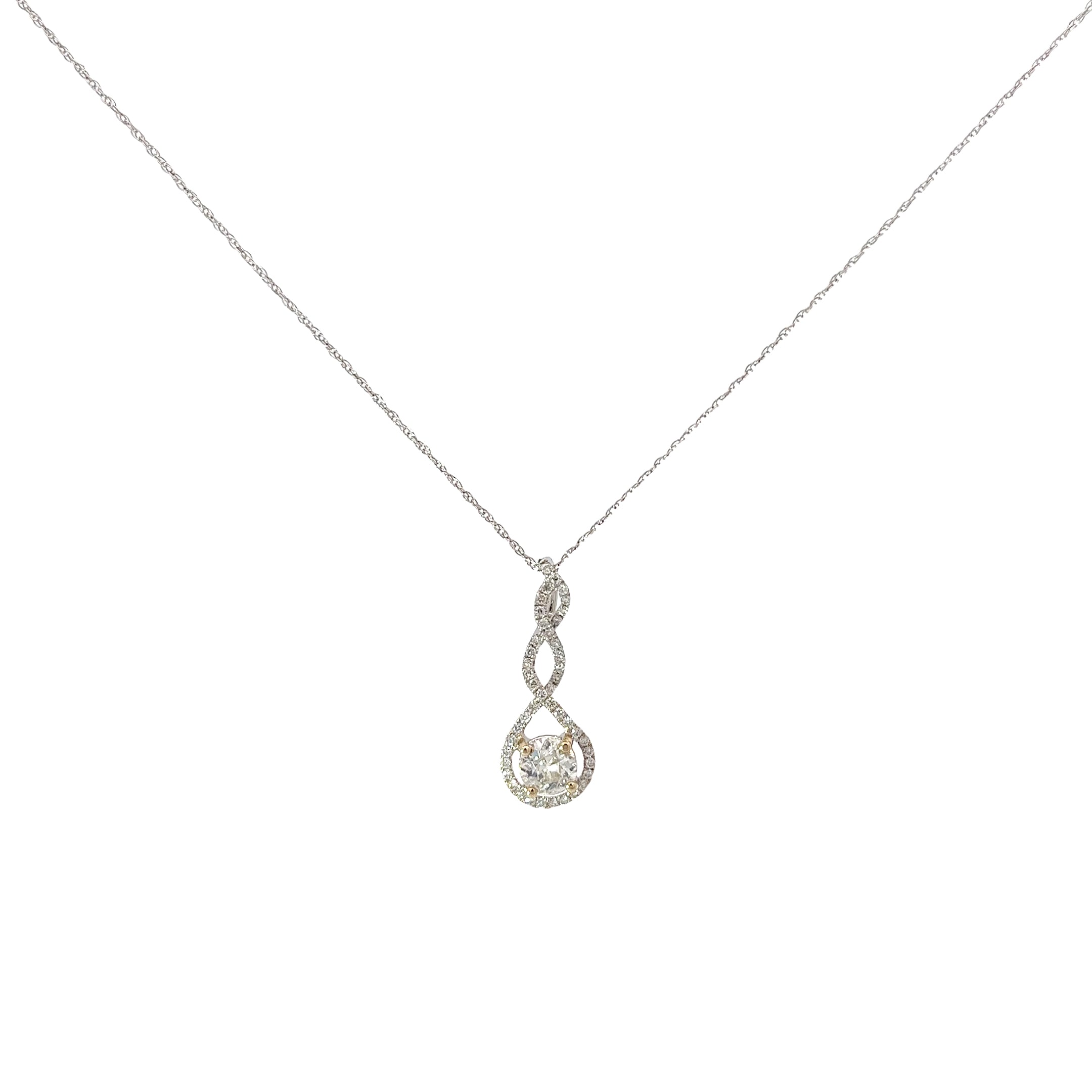 18k White Gold .50ct G SI1 Round Diamond Drop and along Halo .25ct G SI1  Round Diamond Solitaire Necklace