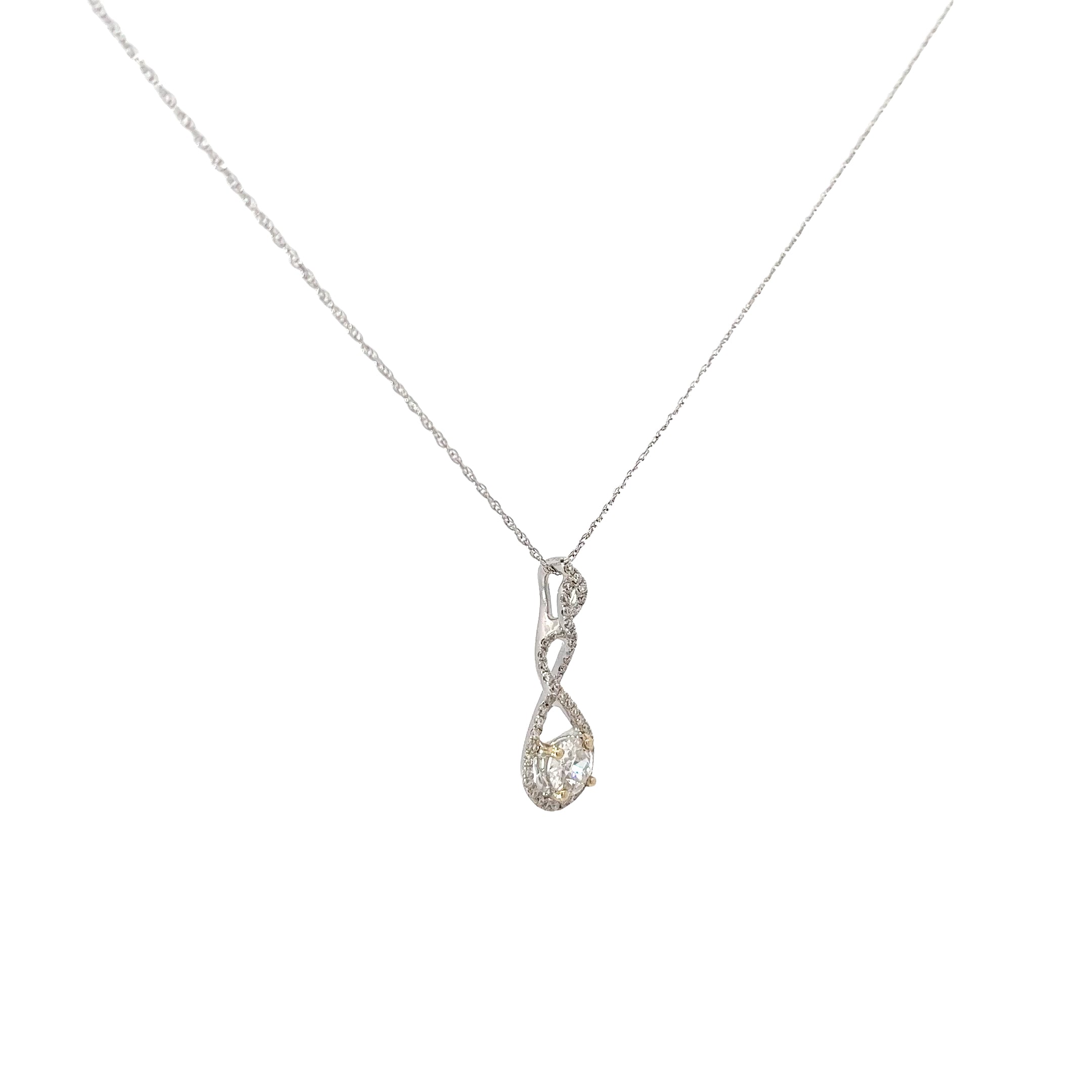 18k White Gold .50ct G SI1 Round Diamond Drop and along Halo .25ct G SI1  Round Diamond Solitaire Necklace