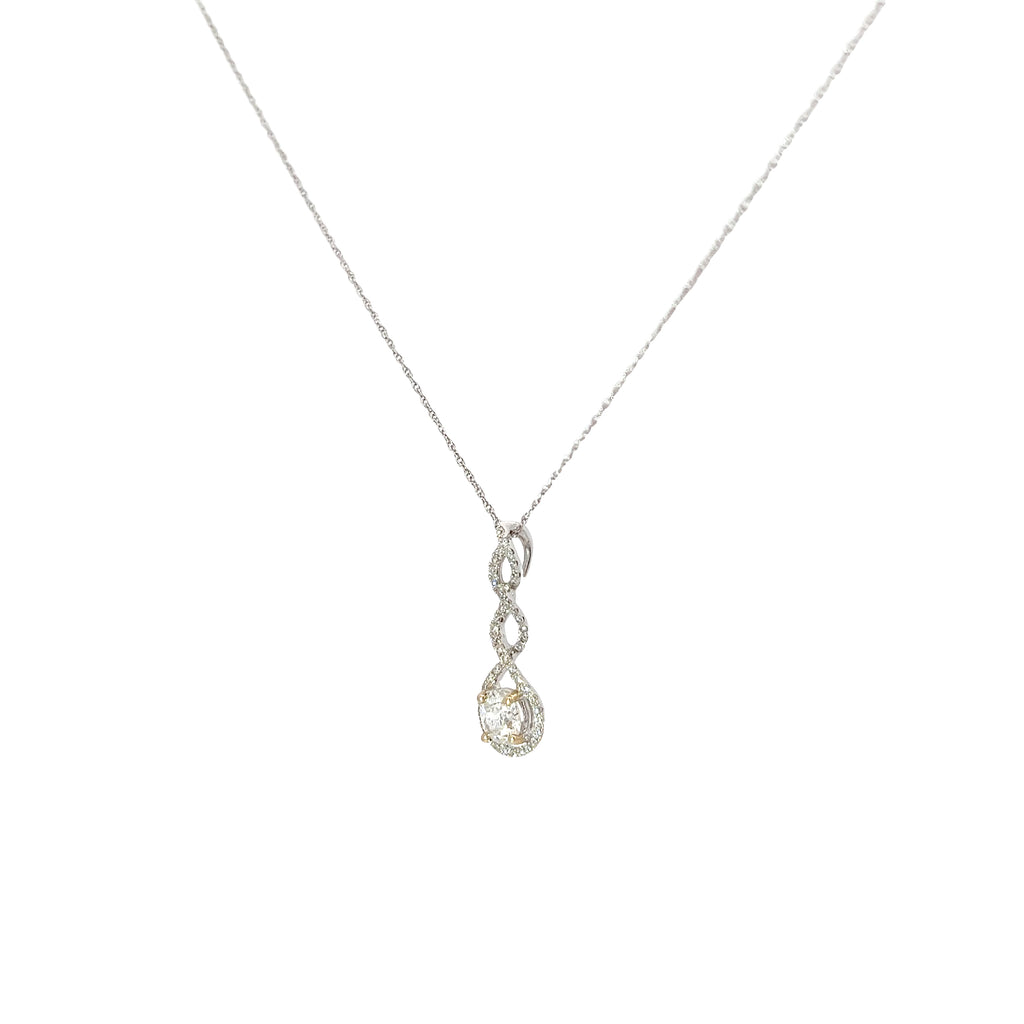 18k White Gold .50ct G SI1 Round Diamond Drop and along Halo .25ct G SI1  Round Diamond Solitaire Necklace