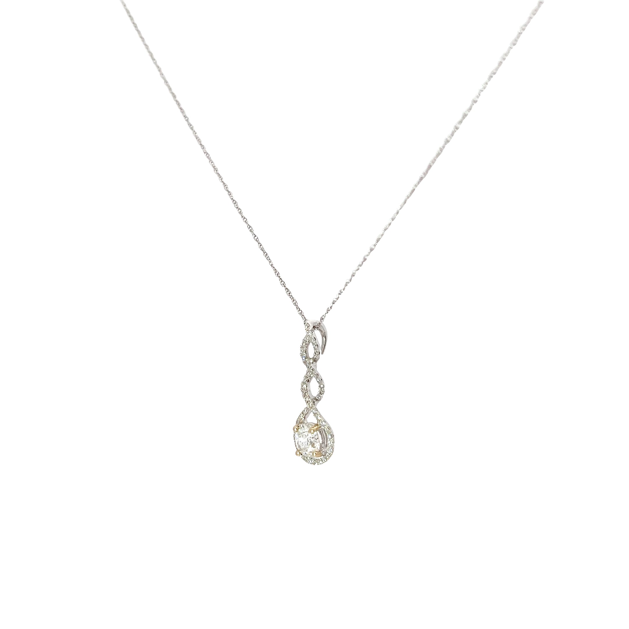 18k White Gold .50ct G SI1 Round Diamond Drop and along Halo .25ct G SI1  Round Diamond Solitaire Necklace