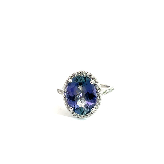 14k White Gold 3.85ct Oval Tanzanite/ .75ct F VS2 Round Diamond Ring Certified by AGL #1089326