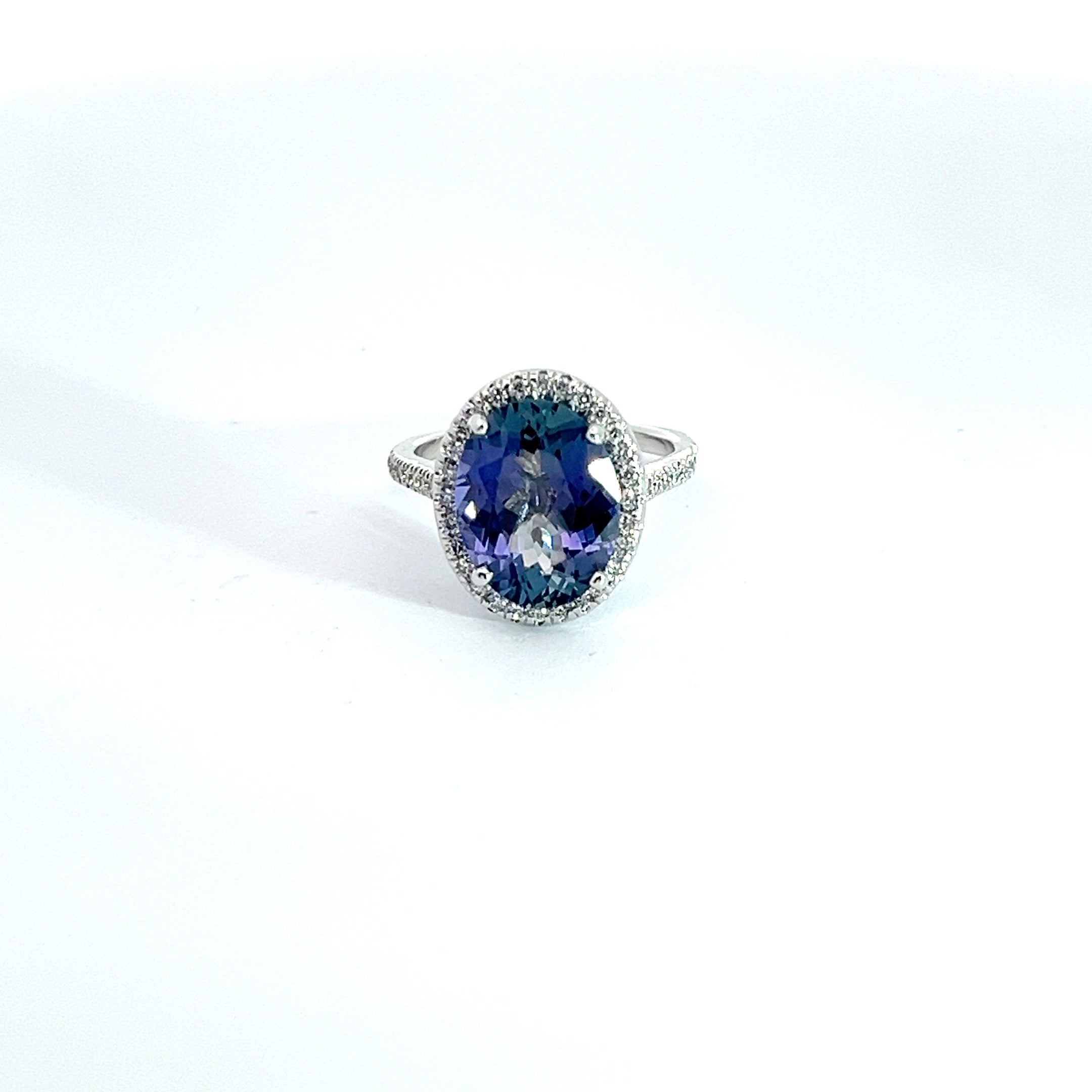 14k White Gold 3.85ct Oval Tanzanite/ .75ct  FVS2 Round Diamond Ring Certified By AGL #1089326