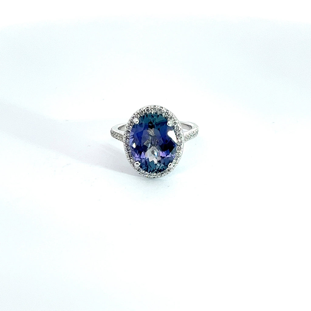 14k White Gold 3.85ct Oval Tanzanite/ .75ct  FVS2 Round Diamond Ring Certified By AGL #1089326