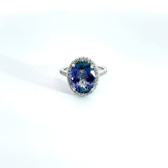 14k White Gold 3.85ct Oval Tanzanite/ .75ct  FVS2 Round Diamond Ring Certified By AGL #1089326