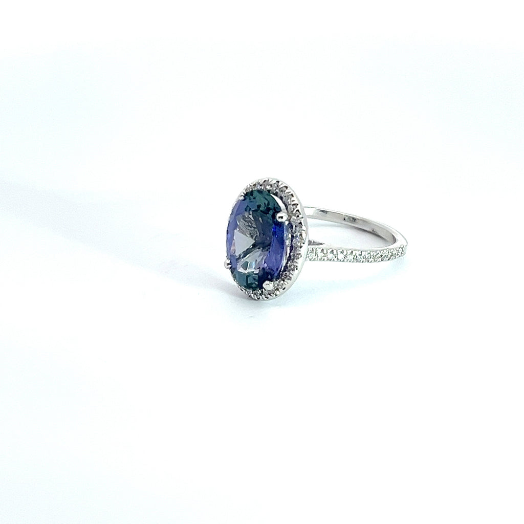 14k White Gold 3.85ct Oval Tanzanite/ .75ct  FVS2 Round Diamond Ring Certified By AGL #1089326