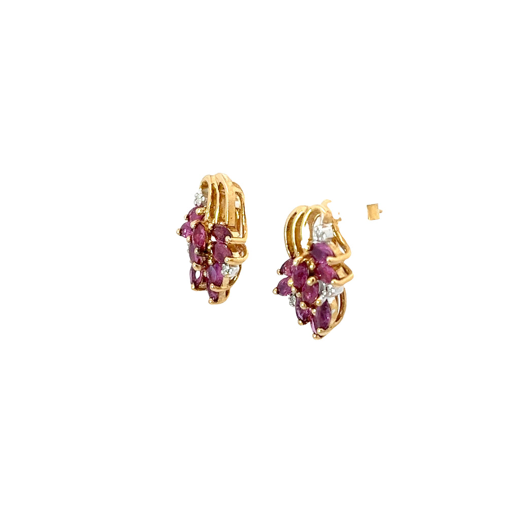 14k Yellow Gold 1.50 Ruby and Round Diamond Vintage Earrings
