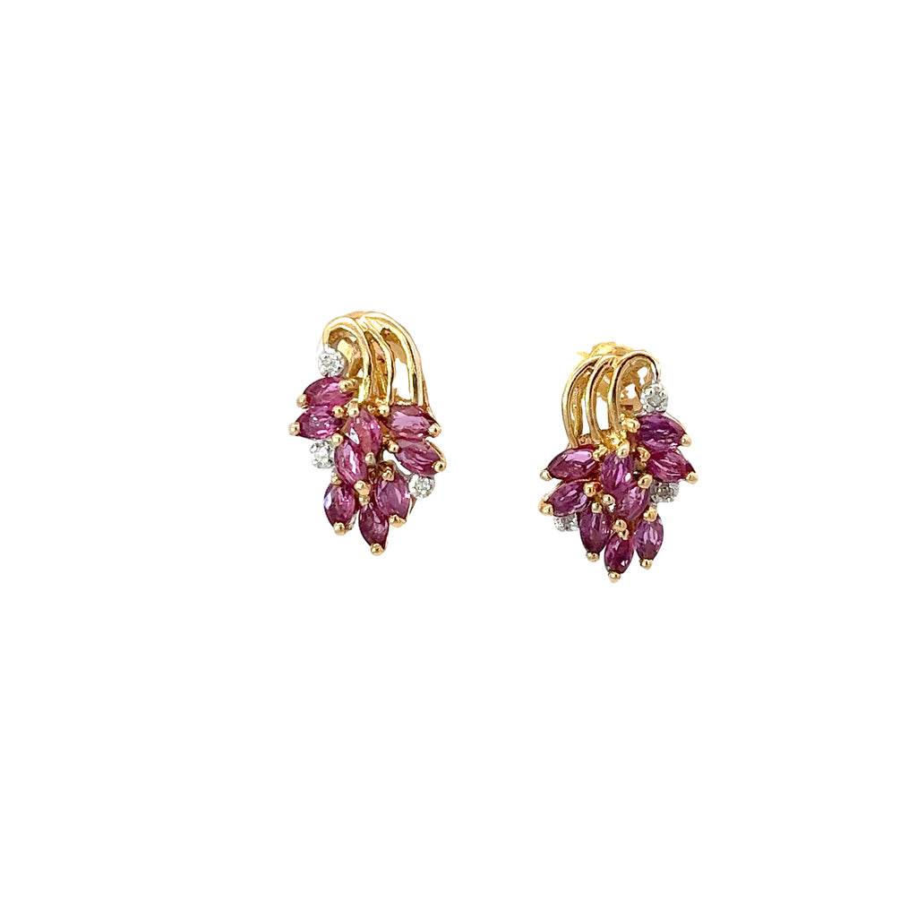 14k Yellow Gold 1.50 Ruby and Round Diamond Vintage Earrings