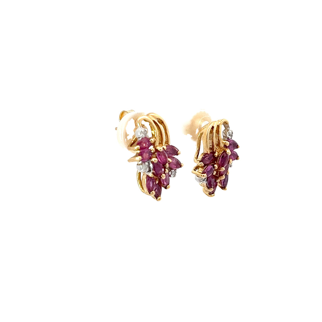 14k Yellow Gold 1.50 Ruby and Round Diamond Vintage Earrings