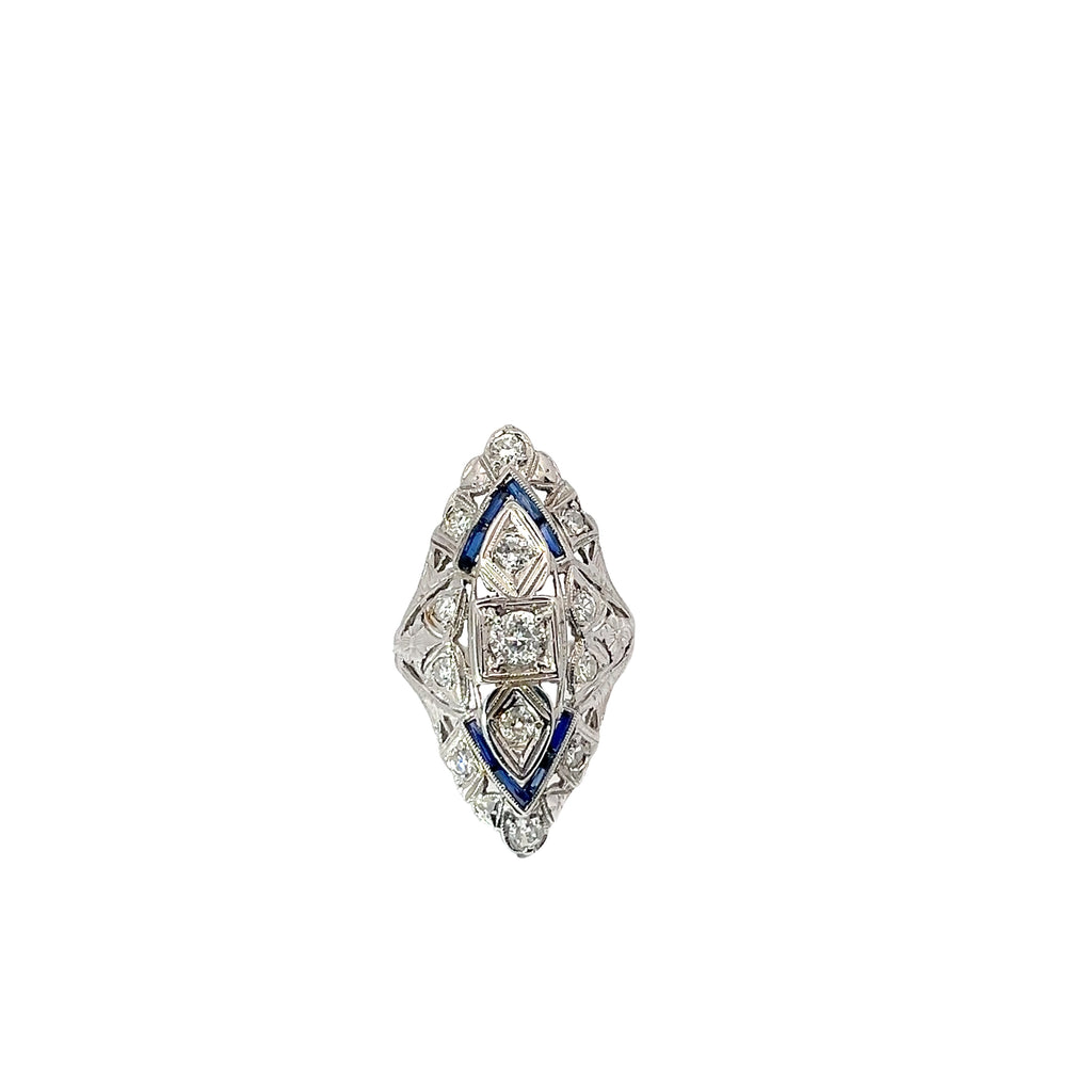 18k White Gold 1.35ct G VS2  Round Diamond and Baguette Blue Sapphire Vintage Ring
