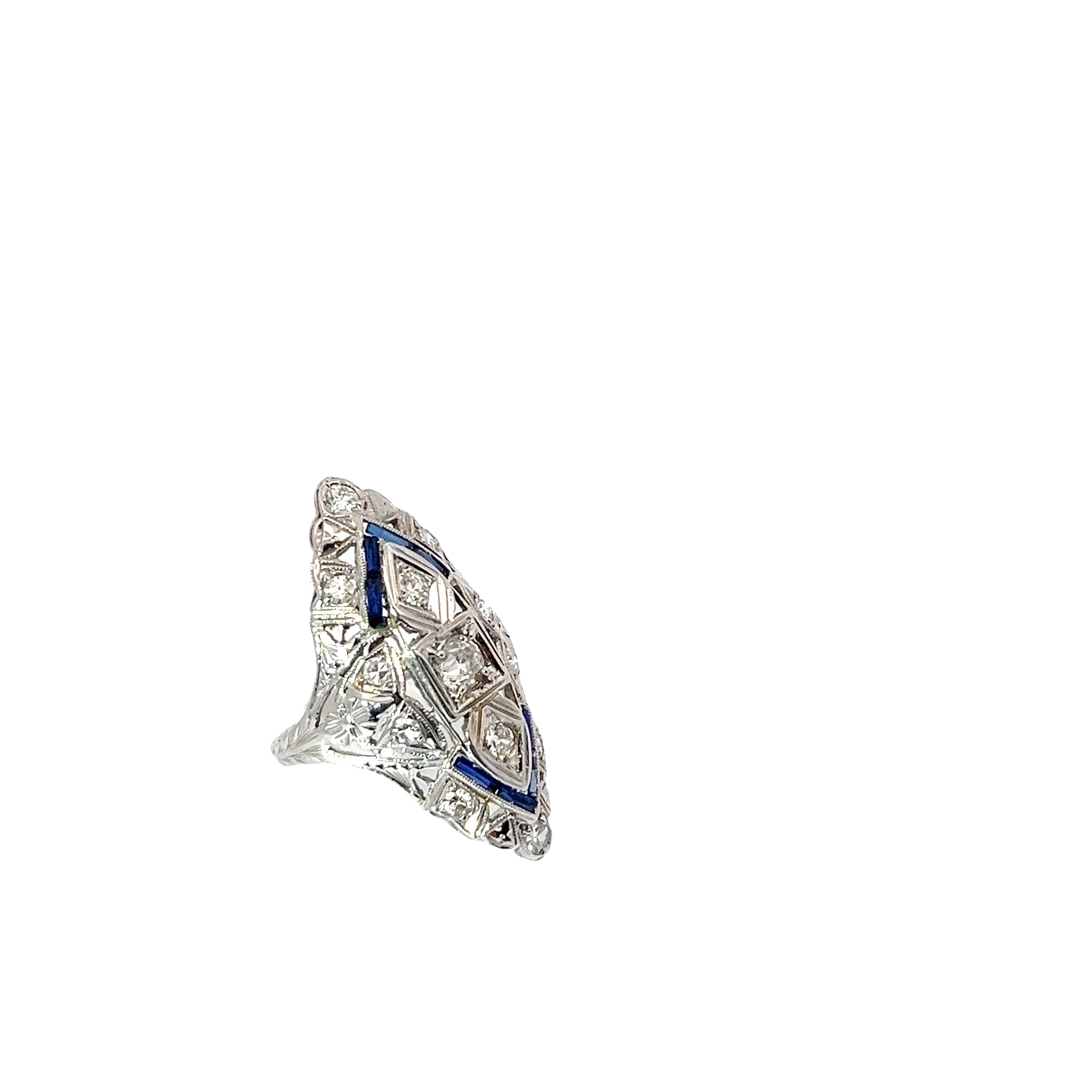 18k White Gold 1.35ct G VS2  Round Diamond and Baguette Blue Sapphire Vintage Ring