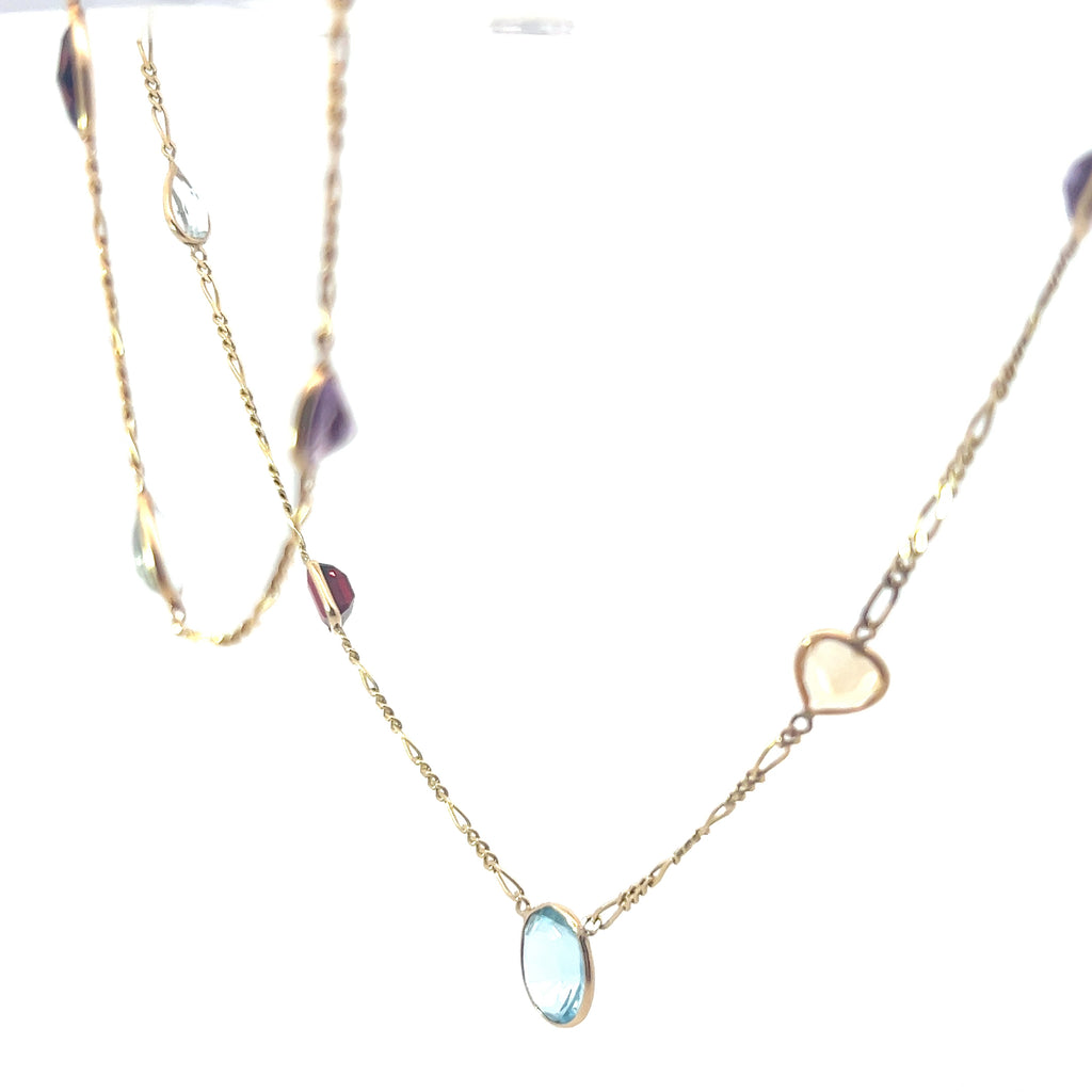 14k Yellow Gold Multi Shape/ Colors Garnet, Blue Topaz, Amethyst and Citrine/ Anklet/Bracelet 9 1/2 and Figaro Necklace 15.2 Gram 30"inch