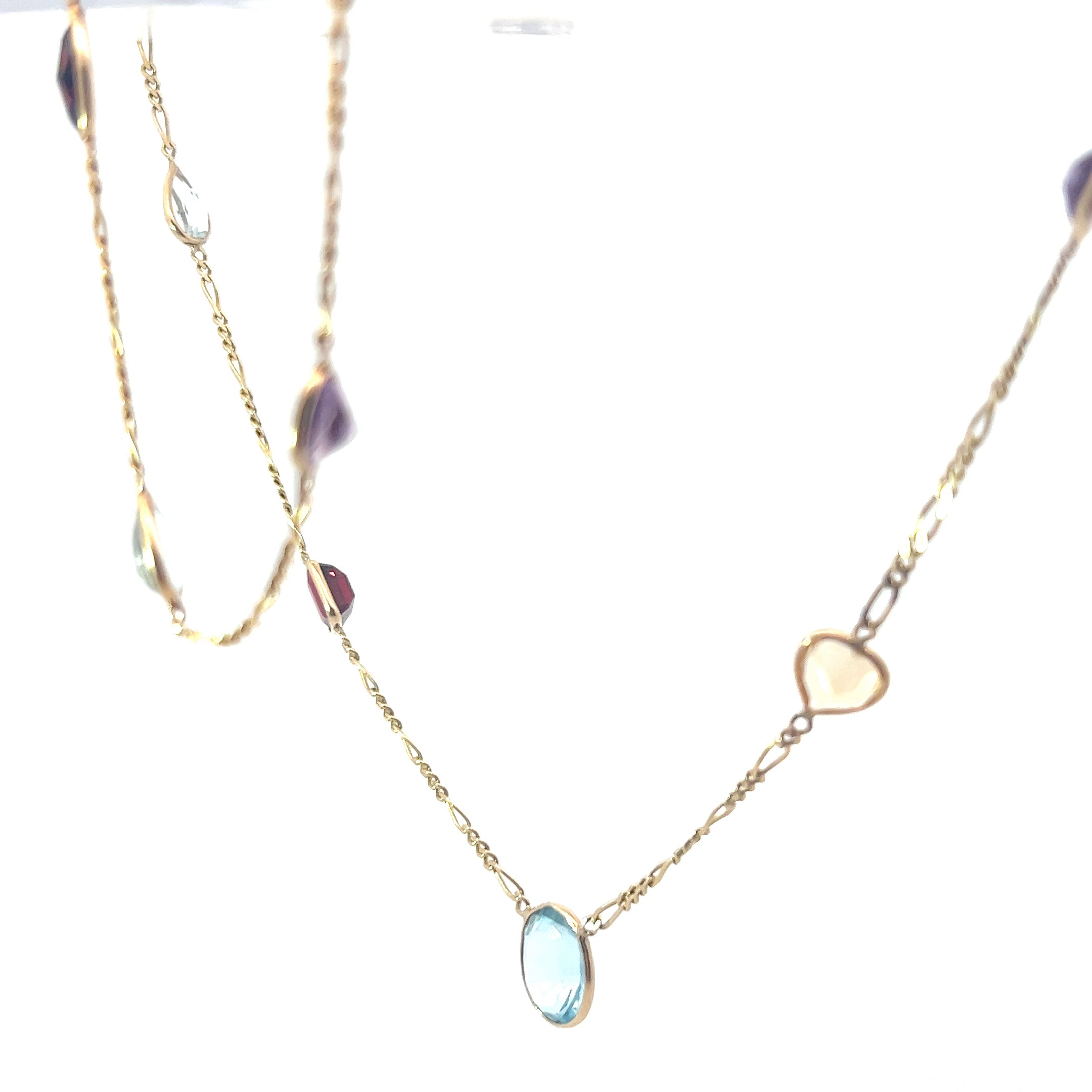 14k Yellow Gold Multi Shape/ Colors Garnet, Blue Topaz, Amethyst and Citrine/ Anklet/Bracelet 9 1/2 and Figaro Necklace 15.2 Gram 30"inch