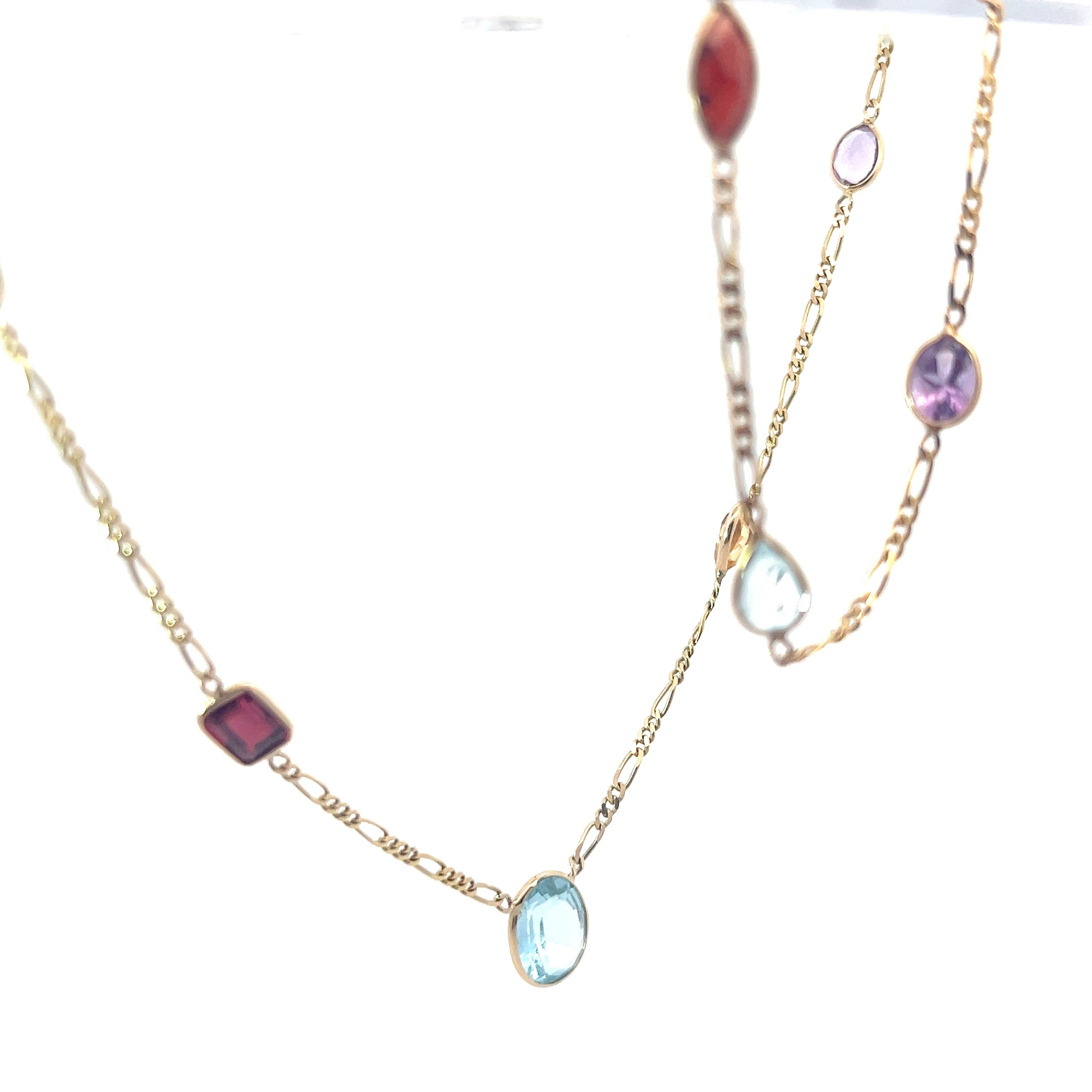 14k Yellow Gold Multi Shape/ Colors Garnet, Blue Topaz, Amethyst and Citrine/ Anklet/Bracelet 9 1/2 and Figaro Necklace 15.2 Gram 30"inch