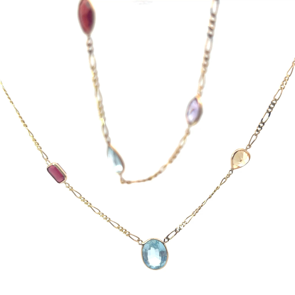 14k Yellow Gold Multi Shape/ Colors Garnet, Blue Topaz, Amethyst and Citrine/ Anklet/Bracelet 9 1/2 and Figaro Necklace 15.2 Gram 30"inch