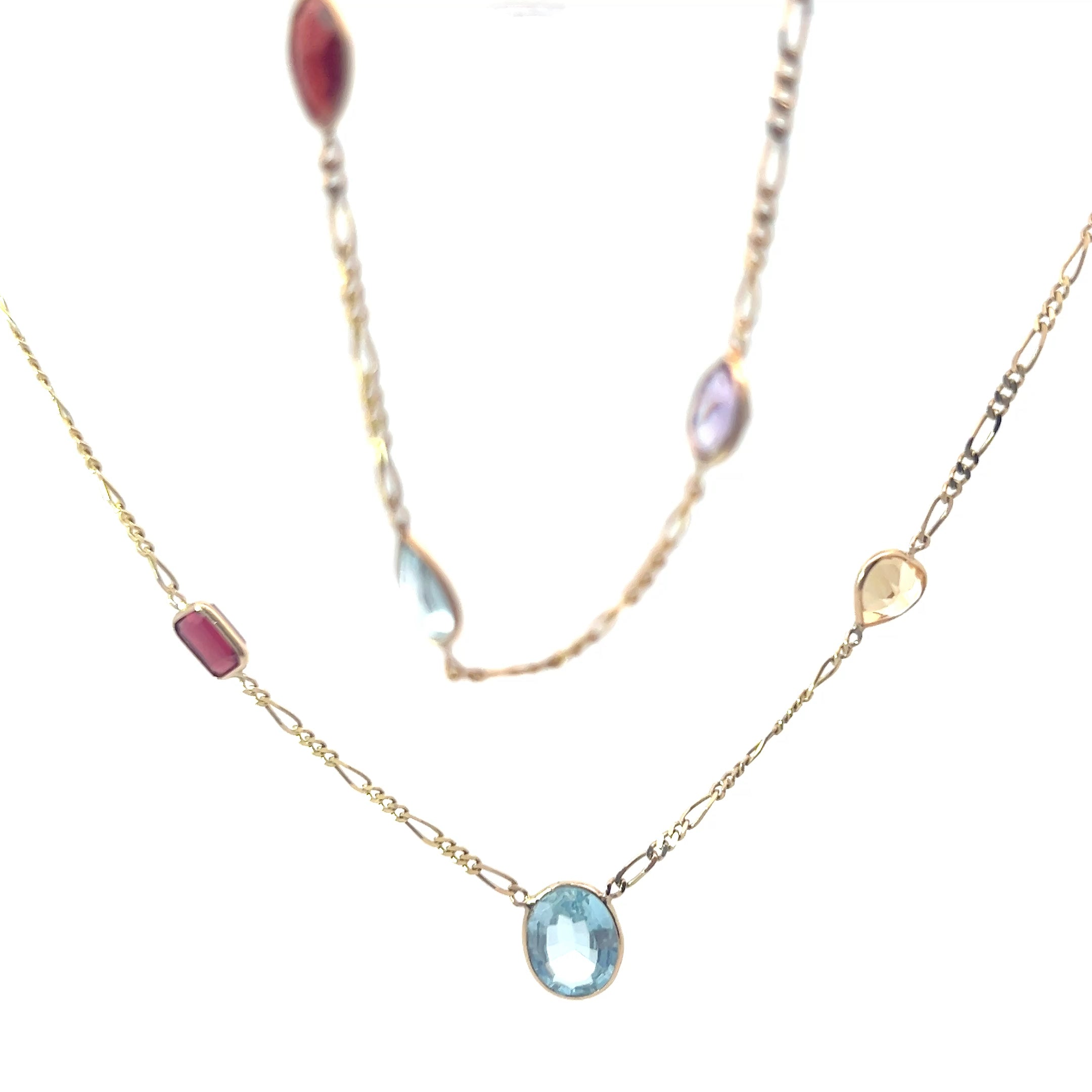 14k Yellow Gold Multi Shape/ Colors Garnet, Blue Topaz, Amethyst and Citrine/ Anklet/Bracelet 9 1/2 and Figaro Necklace 15.2 Gram 30"inch