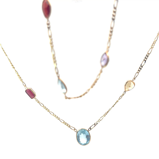14k Yellow Gold Multi Shape/ Colors Garnet, Blue Topaz, Amethyst and Citrine/ Anklet/Bracelet 9 1/2 and Figaro Necklace 15.2 gram 30"