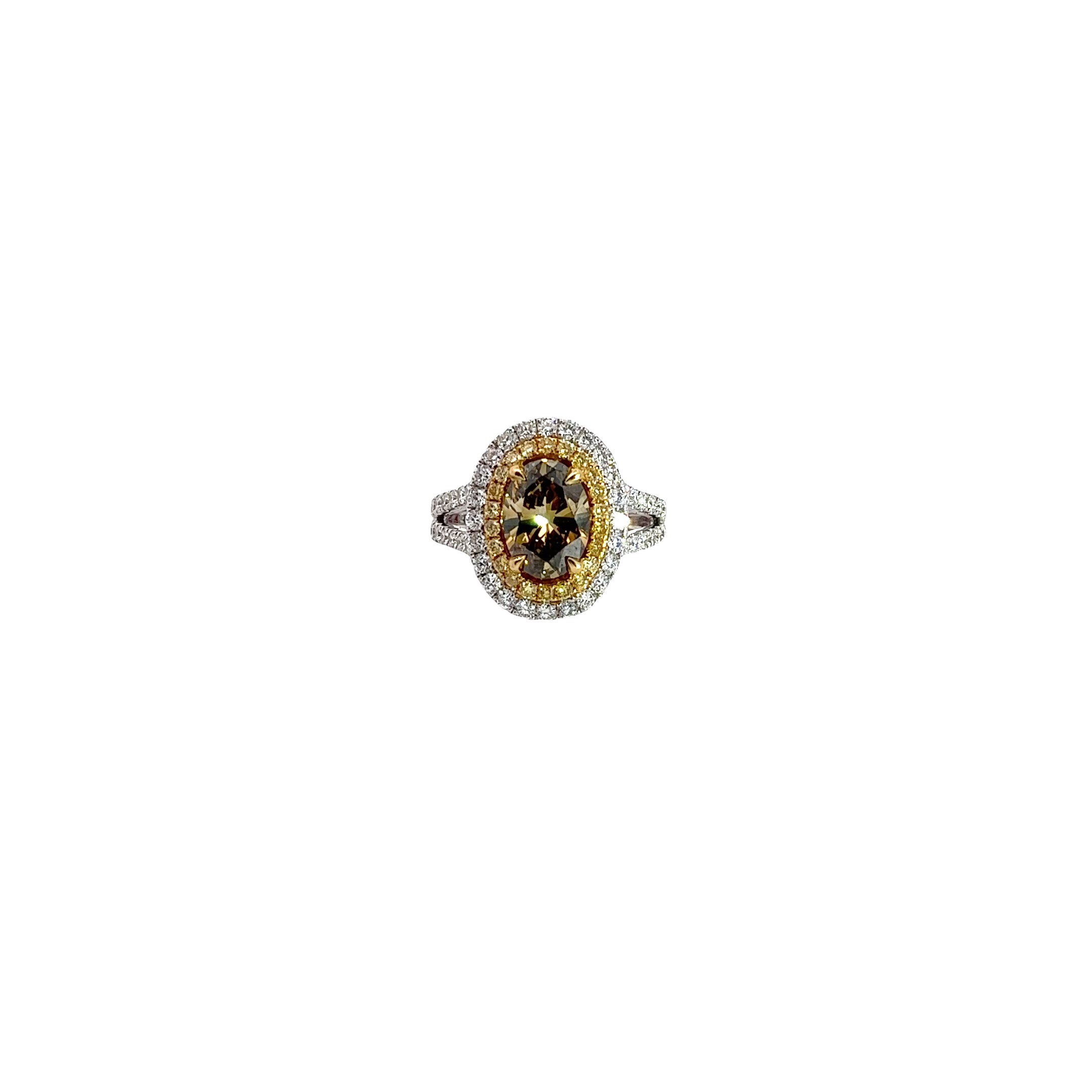 18k Two Toned 1.90ct Oval Shape Fancy Deep Brown Yellow/ .94ct G SI1 Round Diamond and .24ct Round Yellow Diamond Engagement Ring Certified by GIA # 5191234387 Ring