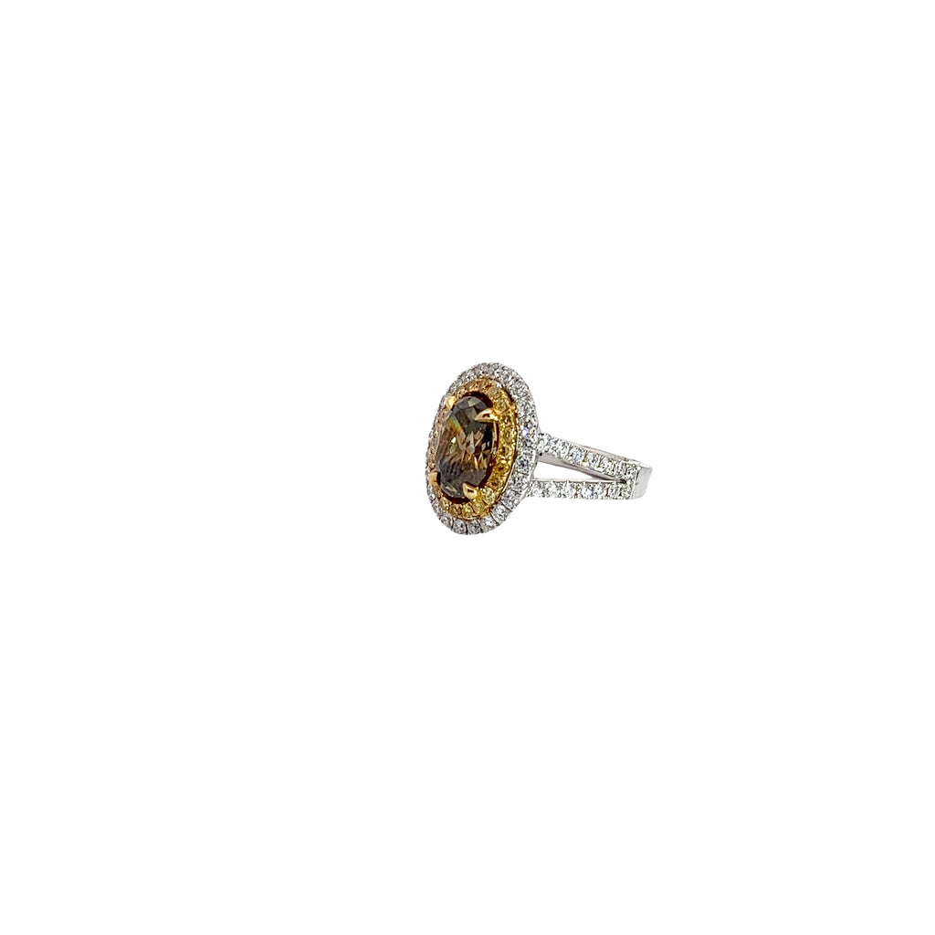 18k Two Toned 1.90ct Oval Shape Fancy Deep Brown Yellow/ .94ct G SI1 Round Diamond and .24ct Round Yellow Diamond Engagement Ring Certified by GIA # 5191234387 Ring