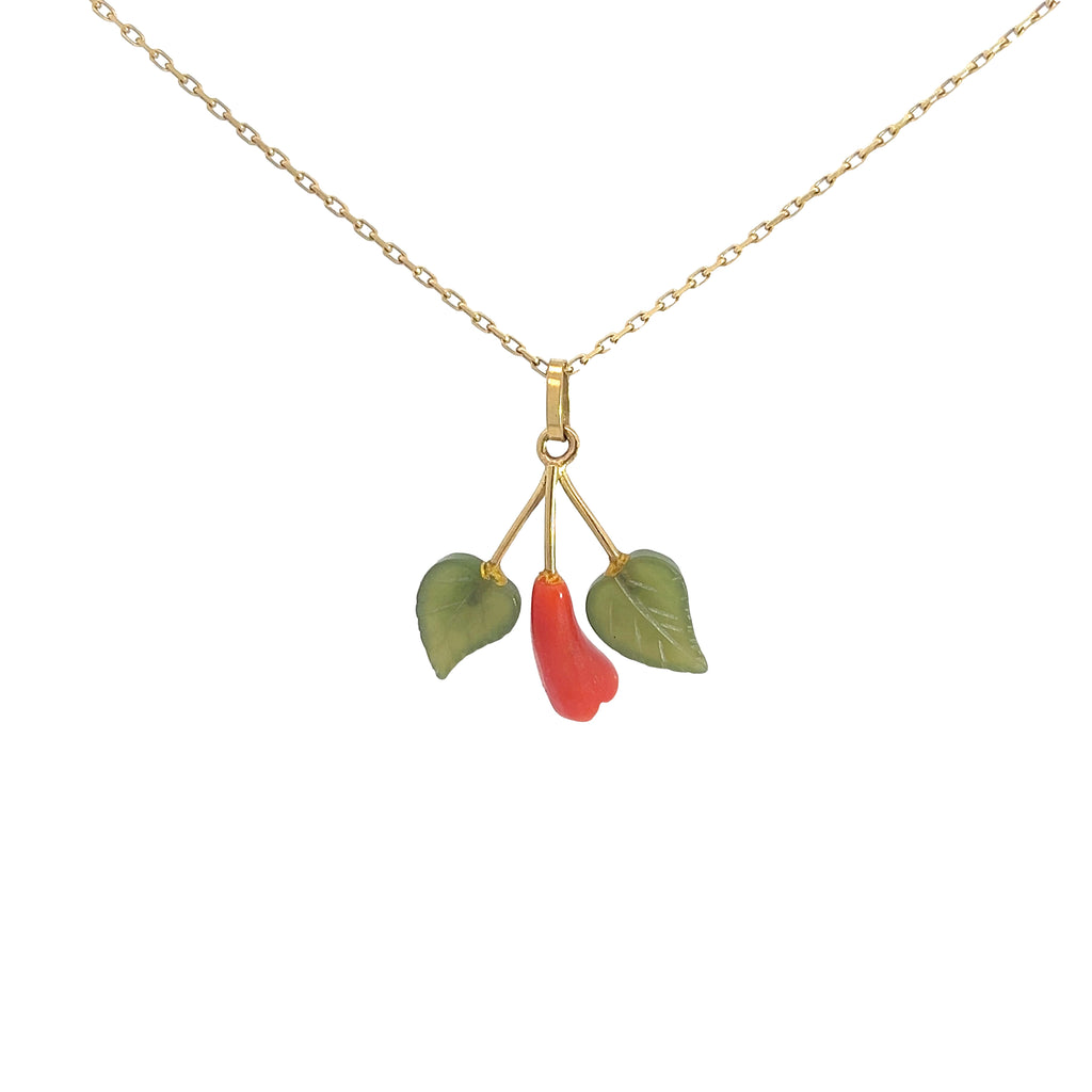 18K YELLOW GOLD VINATGE JADE AND CORAL ROSE PENDANT