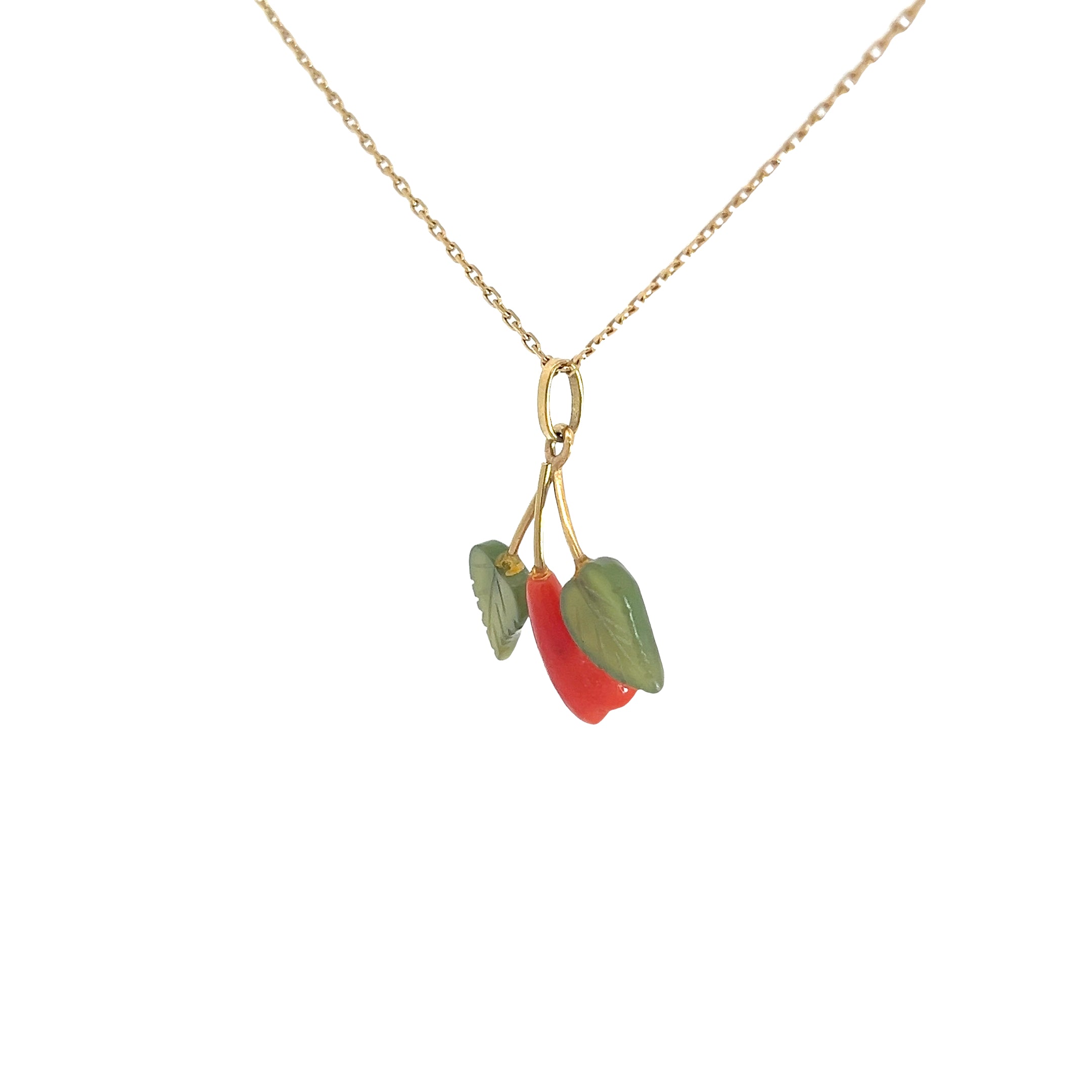 18K YELLOW GOLD VINATGE JADE AND CORAL ROSE PENDANT