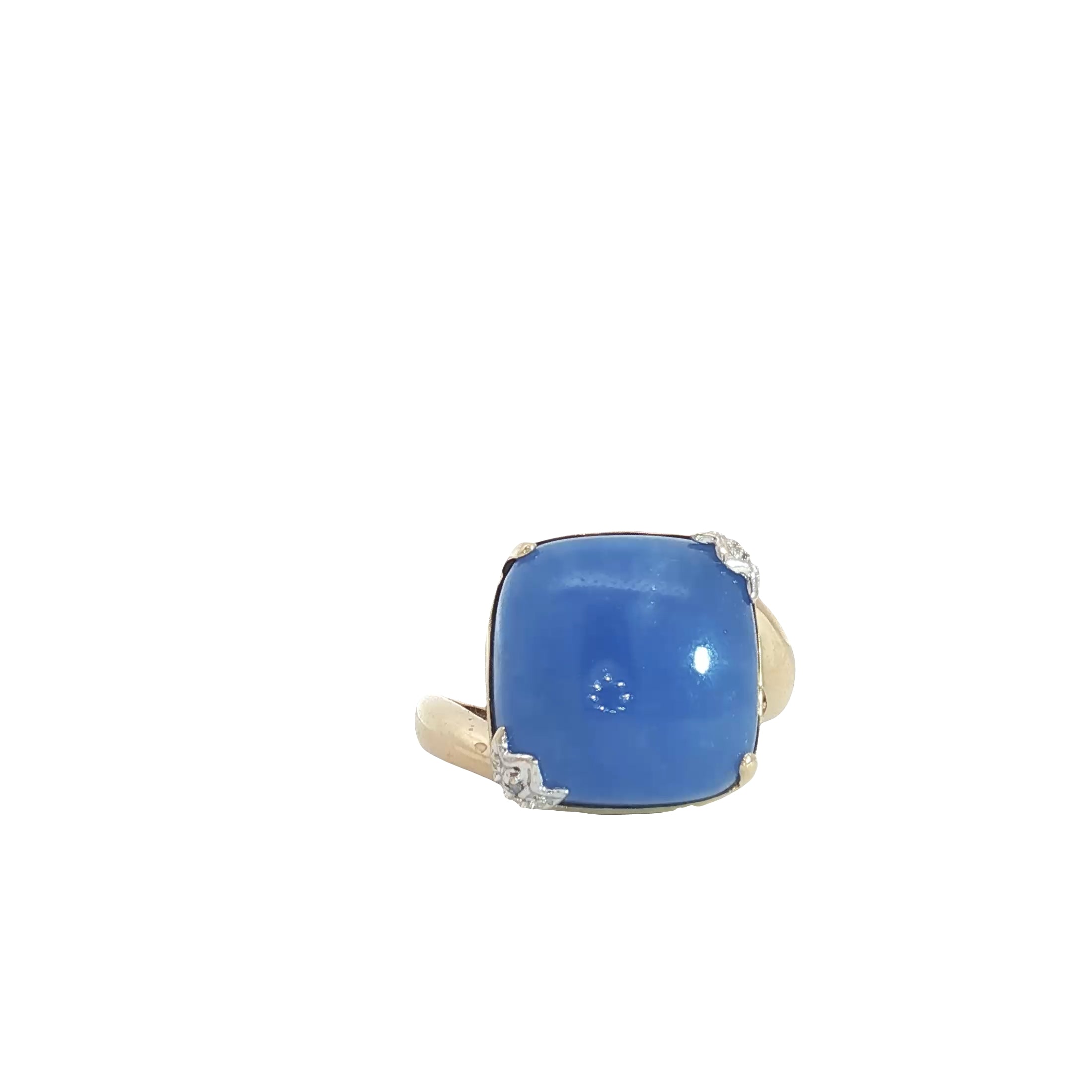 18k Yellow Gold 14mm Squared Cushion Blue Agate / Round Diamond Fashion Ring