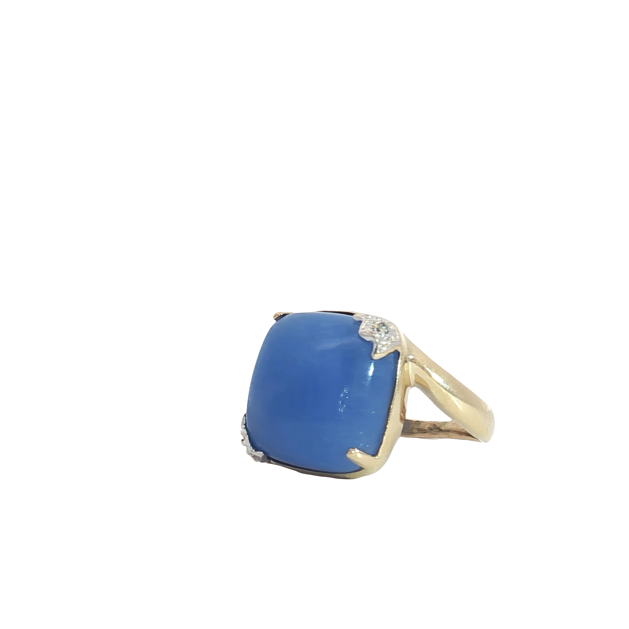 18k Yellow Gold 14mm Squared Cushion Blue Agate / Round Diamond Fashion Ring