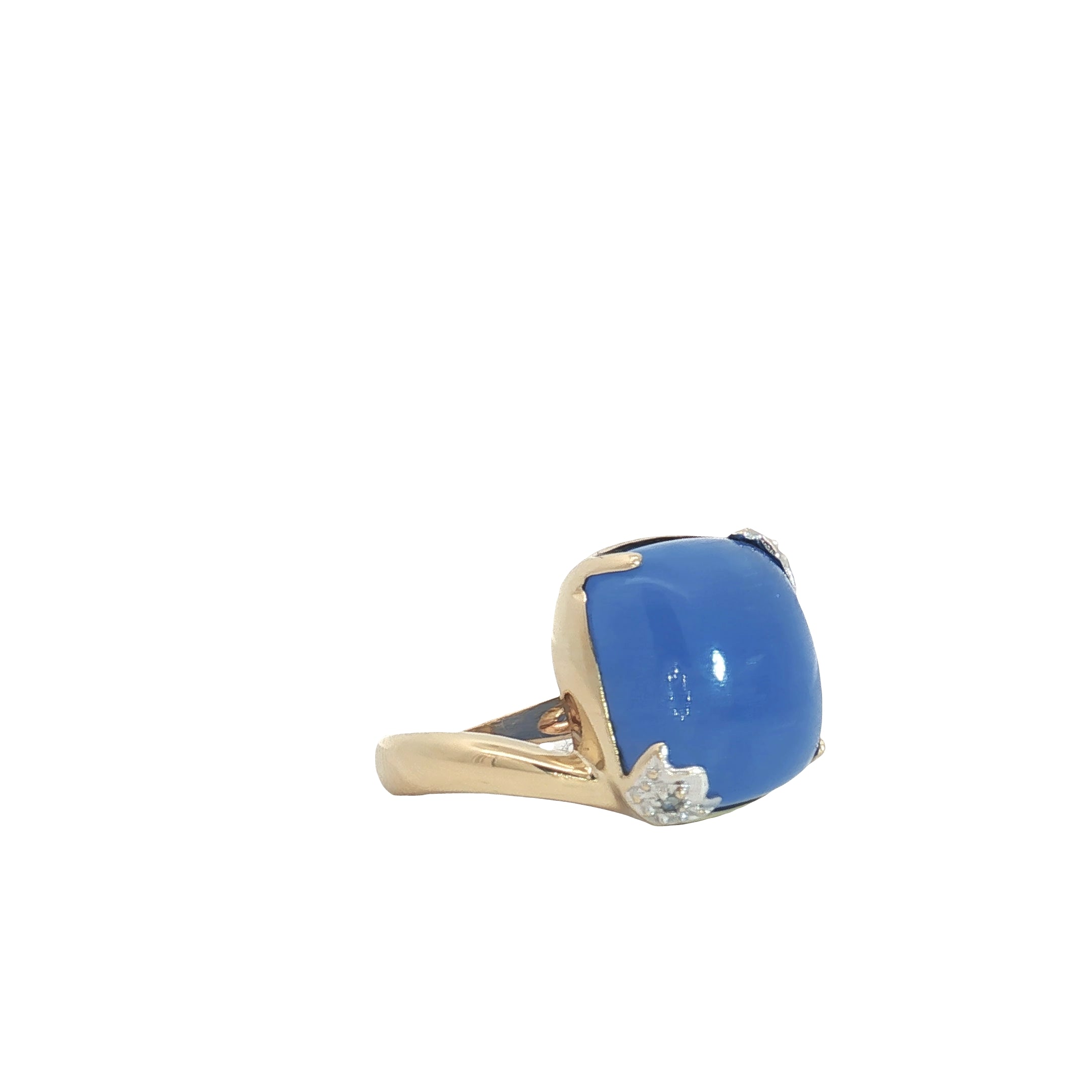 18k Yellow Gold 14mm Squared Cushion Blue Agate / Round Diamond Fashion Ring