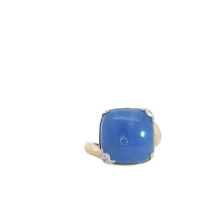 18k Yellow Gold 14mm Squared Cushion Blue Agate / Round Diamond Fashion Ring
