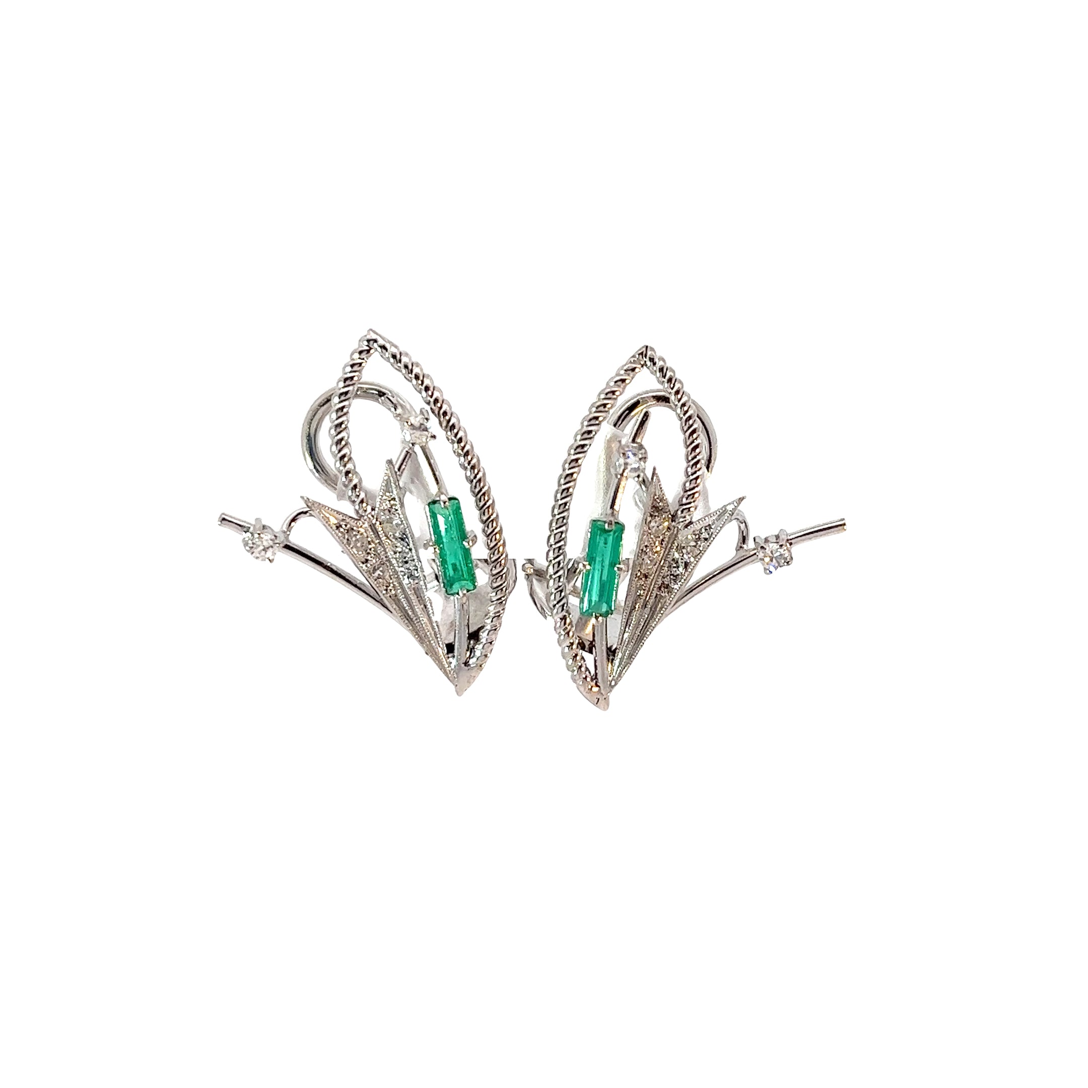 18k White Gold .30ct  Baguette Colombian Emerald /.30ct G SI1 Round Diamond Vintage Earrings