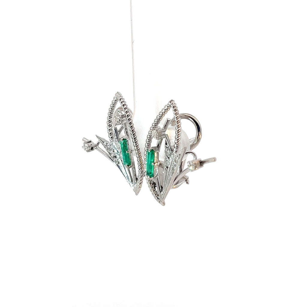 18k White Gold .30ct  Baguette Colombian Emerald /.30ct G SI1 Round Diamond Vintage Earrings