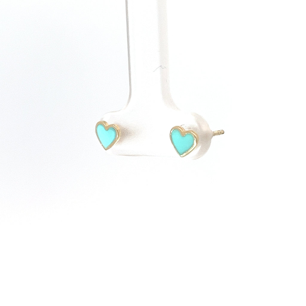14k Yellow Gold Light Turquoise Enamel Heart Stud Baby Earrings