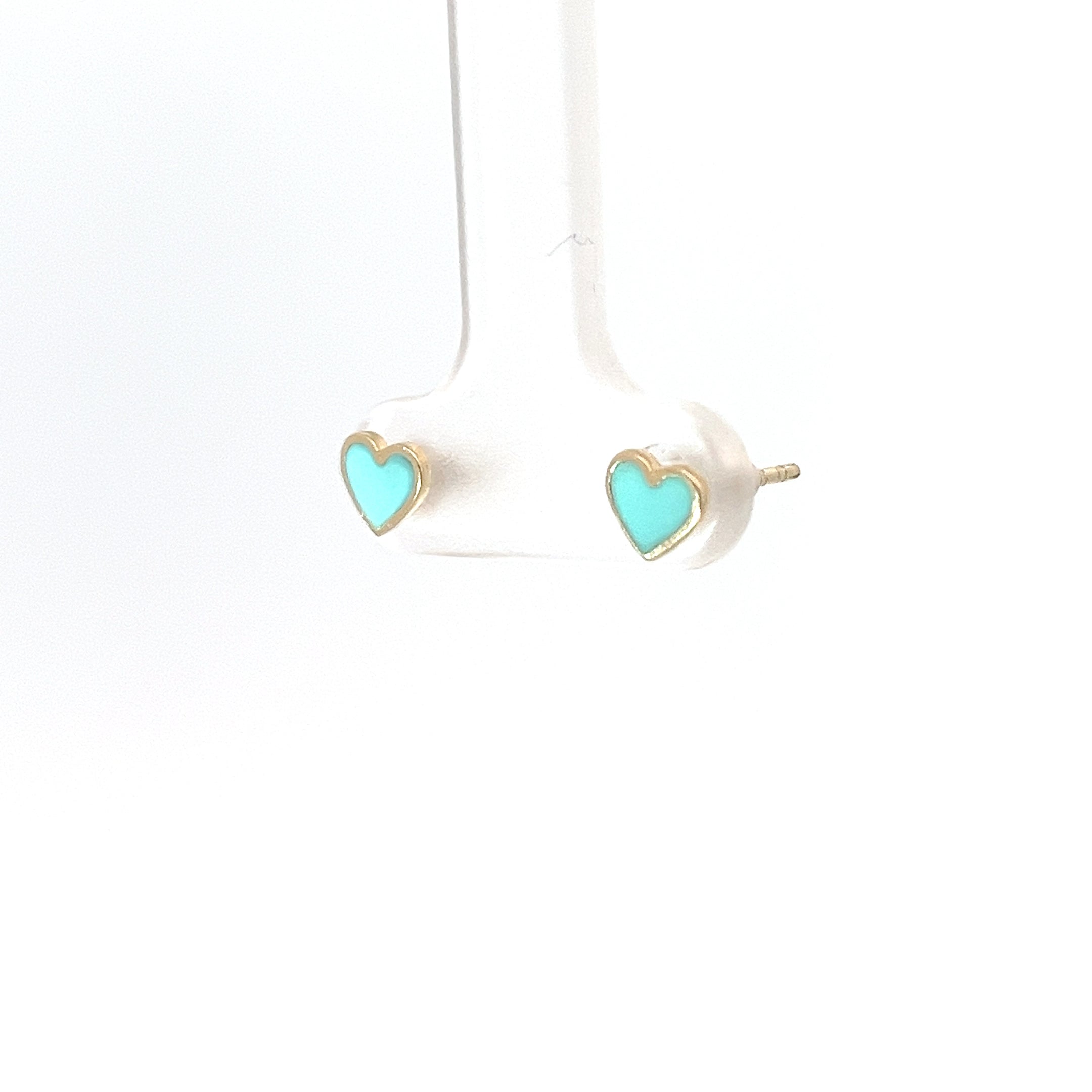 14k Yellow Gold Light Turquoise Enamel Heart Stud Baby Earrings