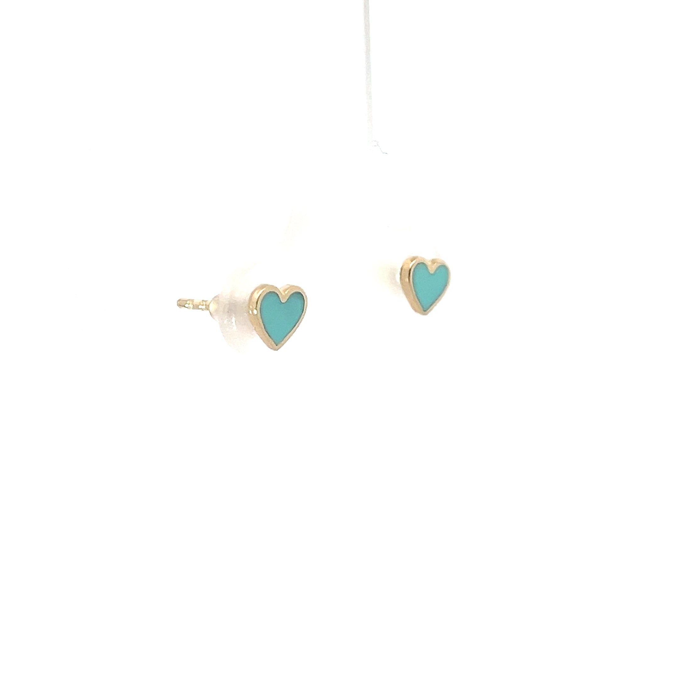 14k Yellow Gold Light Turquoise Enamel Heart Stud Baby Earrings