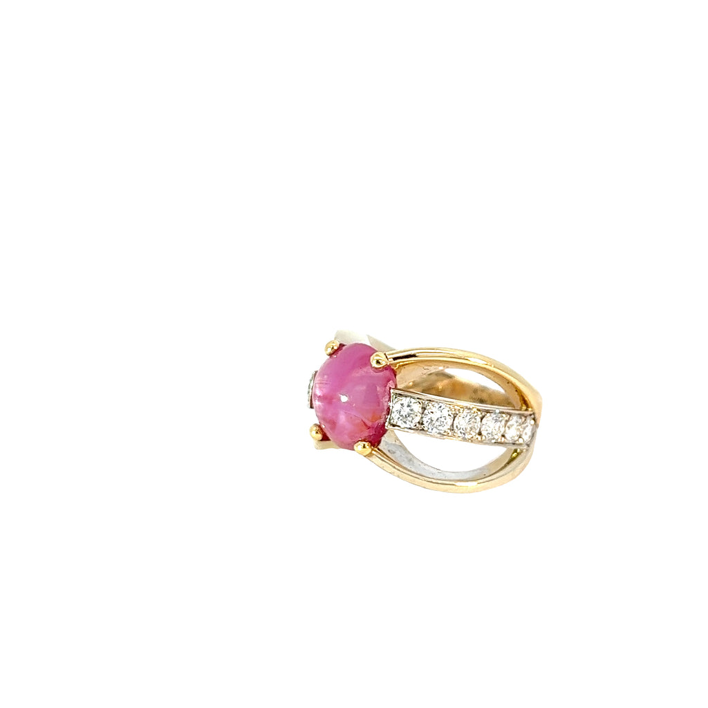 18k Two Toned 7.25ct Double Cabochon Purplish Pink Star Sapphire and 1.50 F VS2 Round diamond ring Certified by GIA # 2171538437