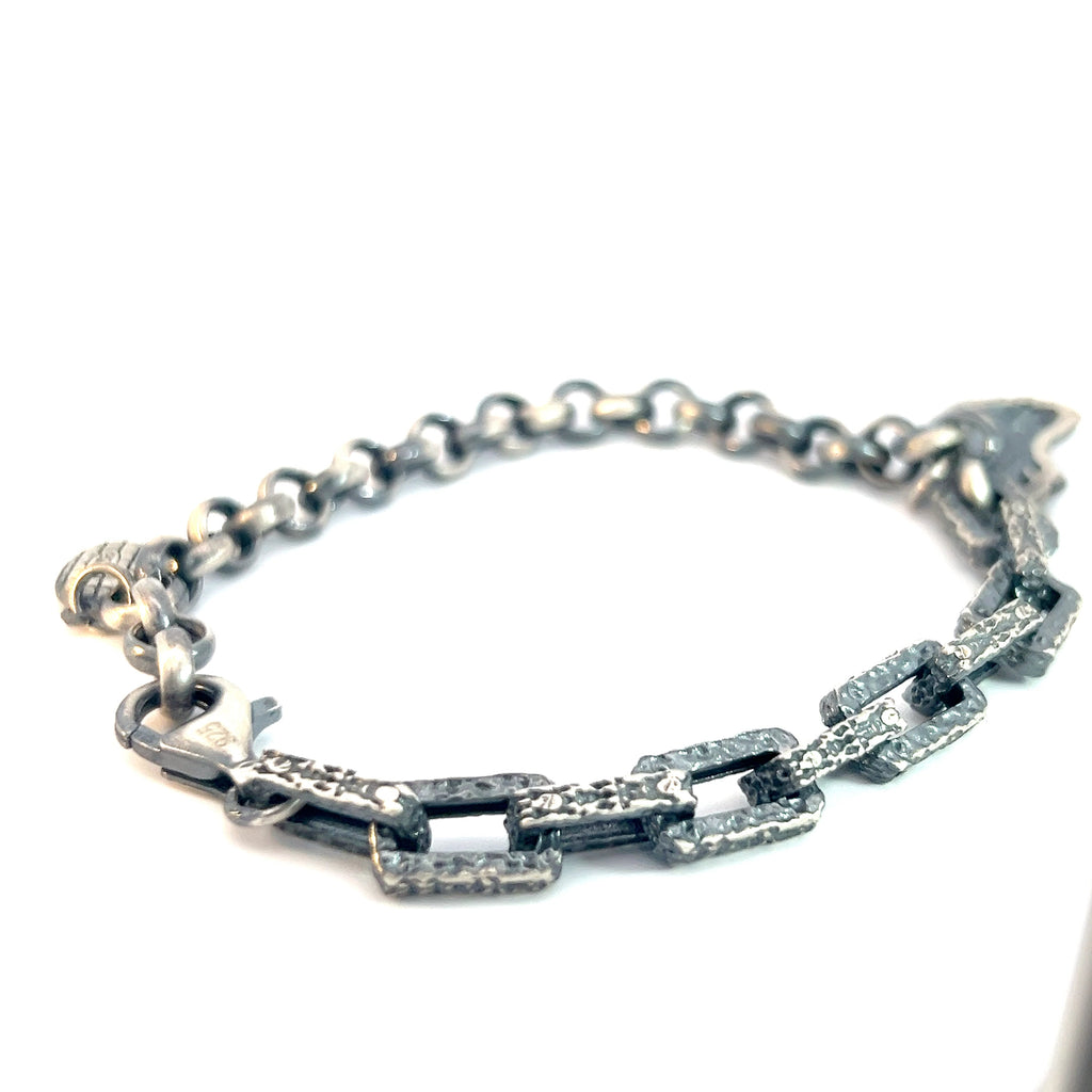 Sterling Silver 17.5 Gram Square/Round Bracelet with Wolf Head Dangling Charm