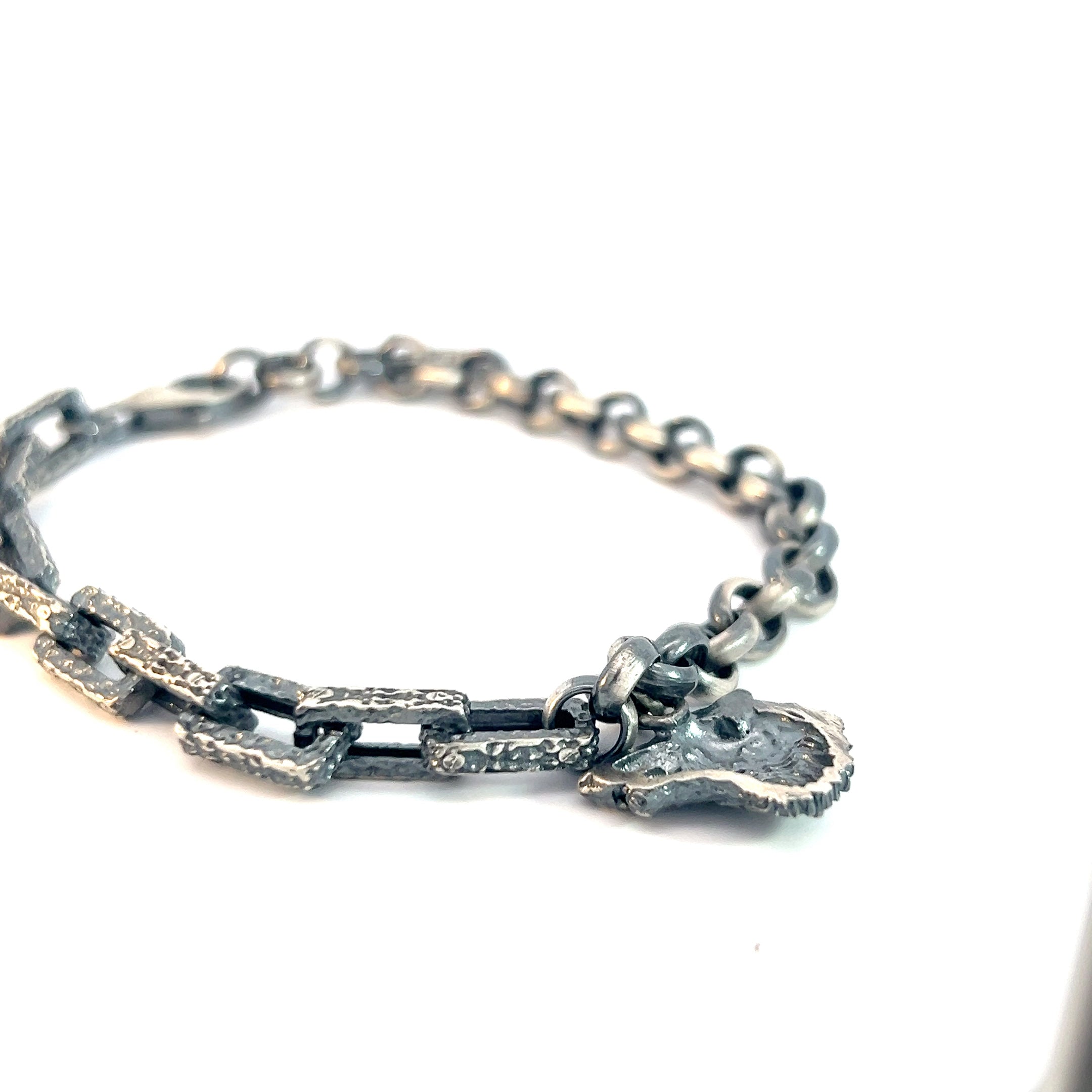 Sterling Silver 17.5 Gram Square/Round Bracelet with Wolf Head Dangling Charm