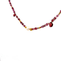 14k Yellow Gold Tourmaline ,Briolette Garnet and Pearl Bead Necklace